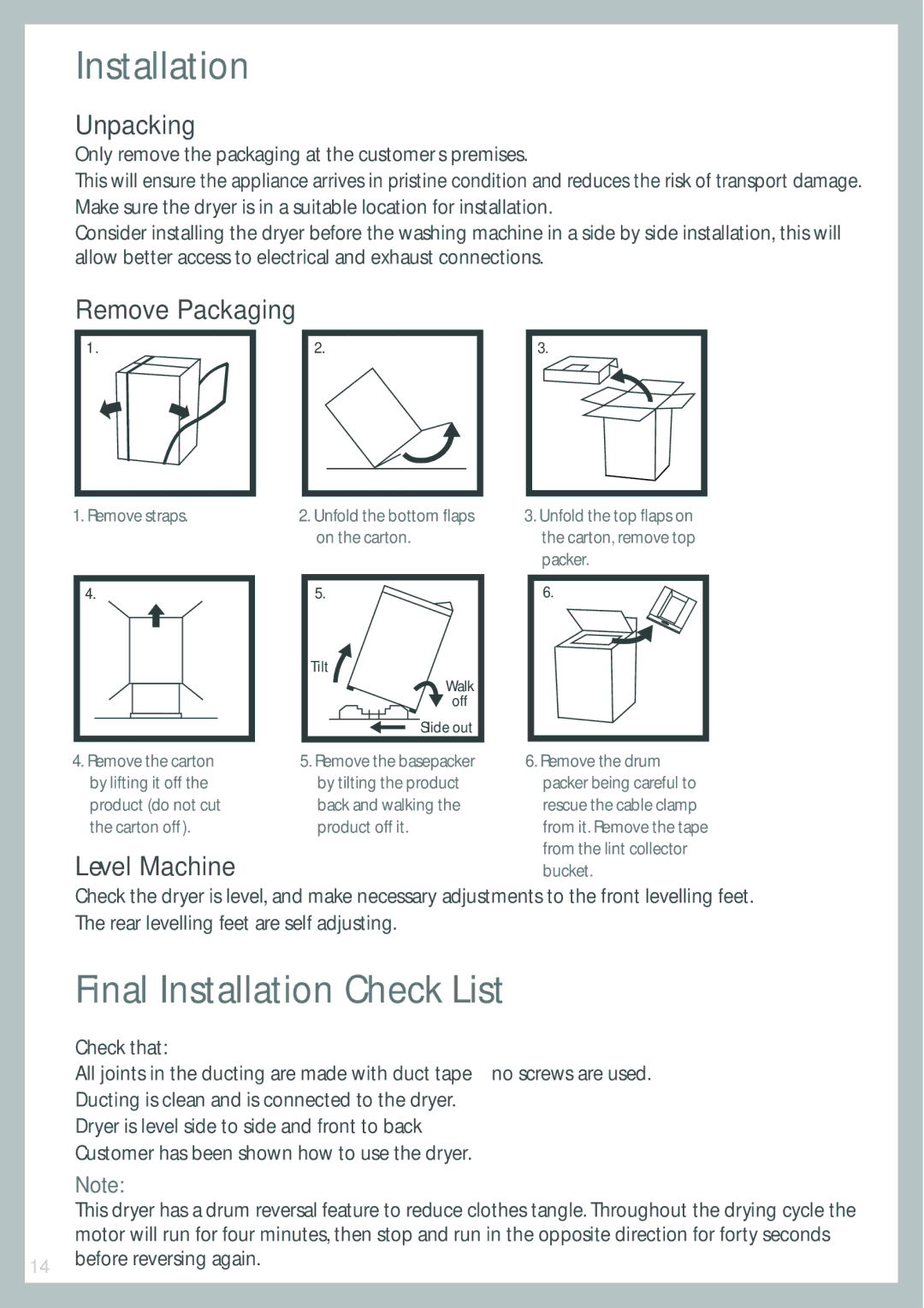 Fisher & Paykel DEIX1 Final Installation Check List, Unpacking, Remove Packaging, Level Machine 