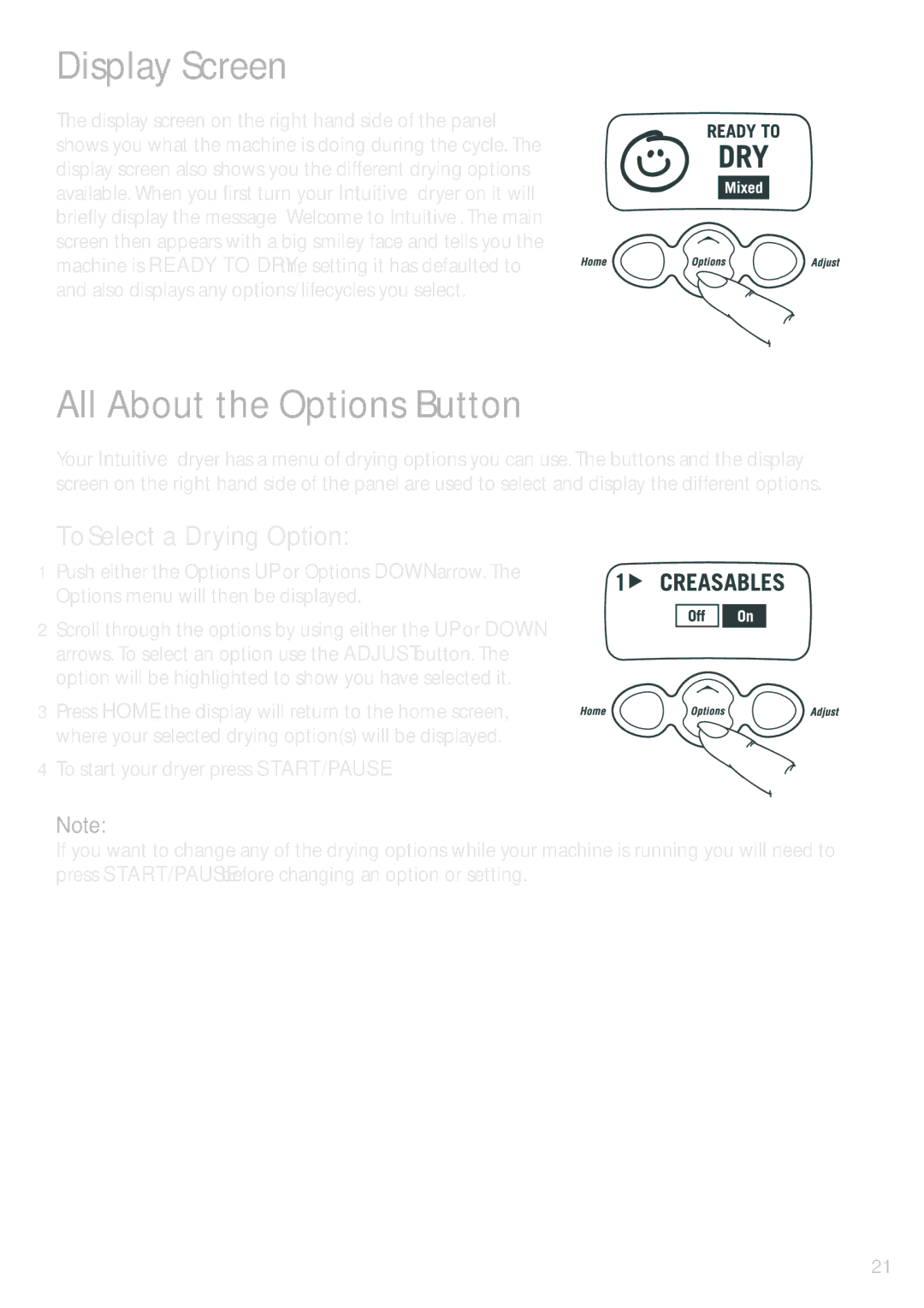 Fisher & Paykel DEIX1 installation instructions Display Screen, All About the Options Button…, To Select a Drying Option 