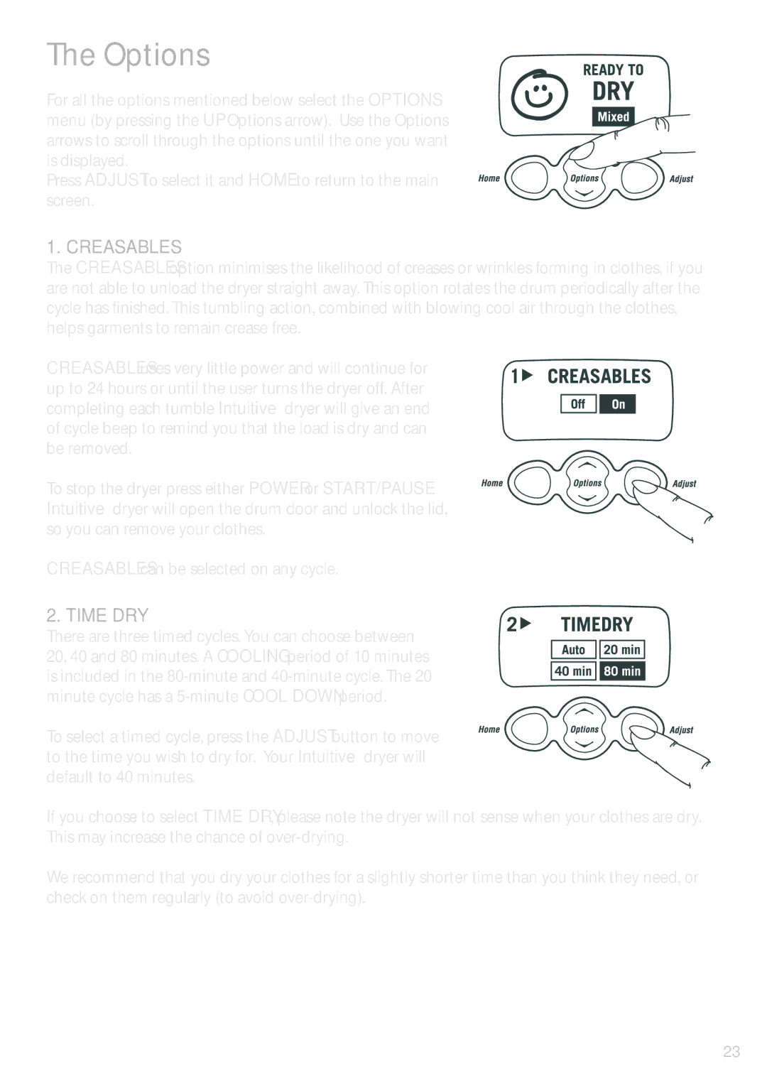 Fisher & Paykel DEIX1 installation instructions Options, Creasables, Time DRY 