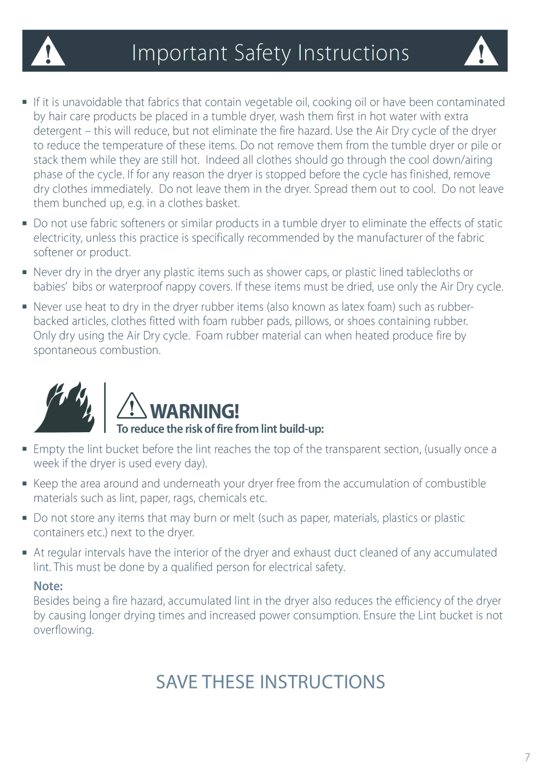 Fisher & Paykel DEIX1 installation instructions To reduce the risk of fire from lint build-up 