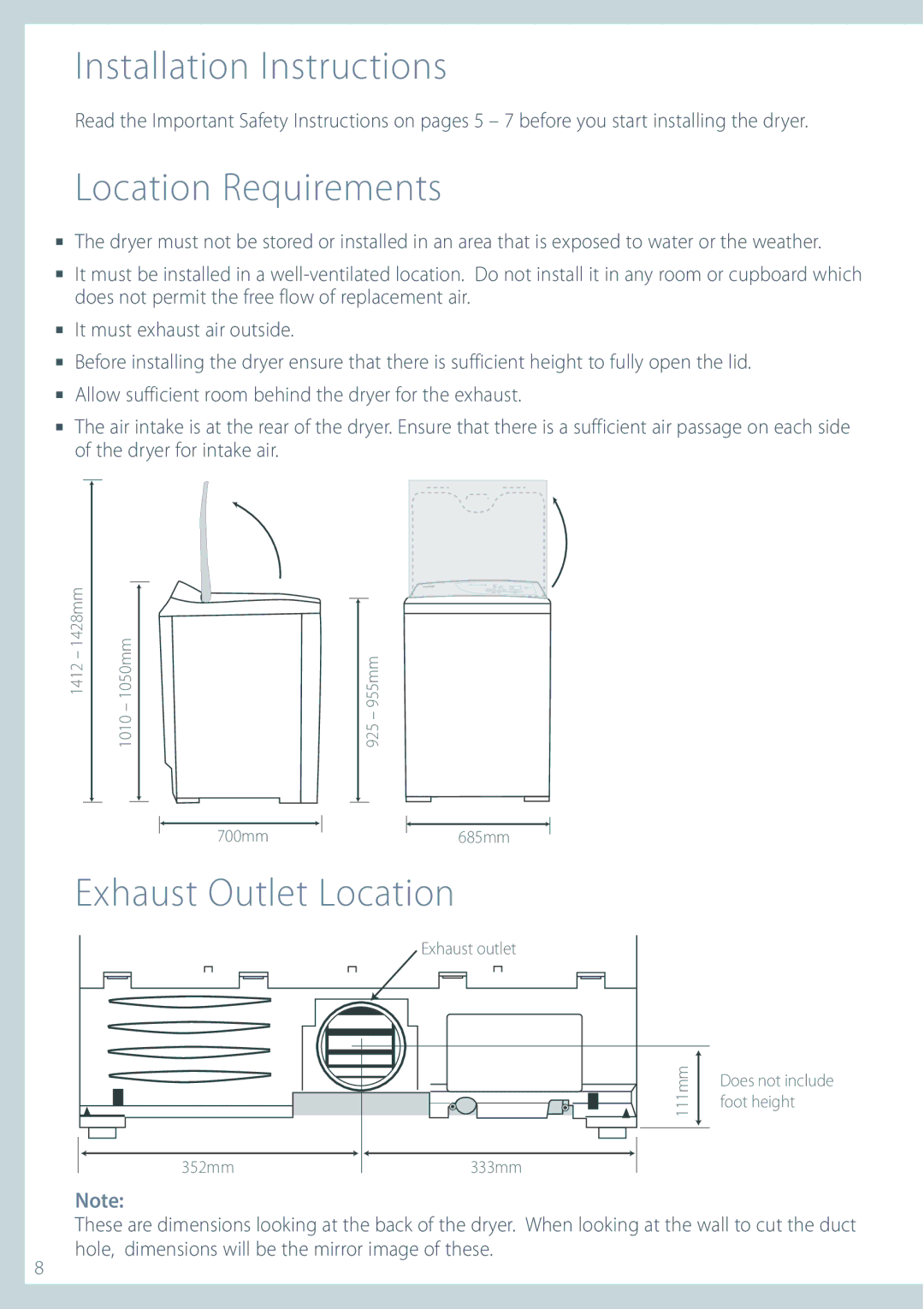 Fisher & Paykel DEIX1 installation instructions Installation Instructions, Location Requirements, Exhaust Outlet Location 