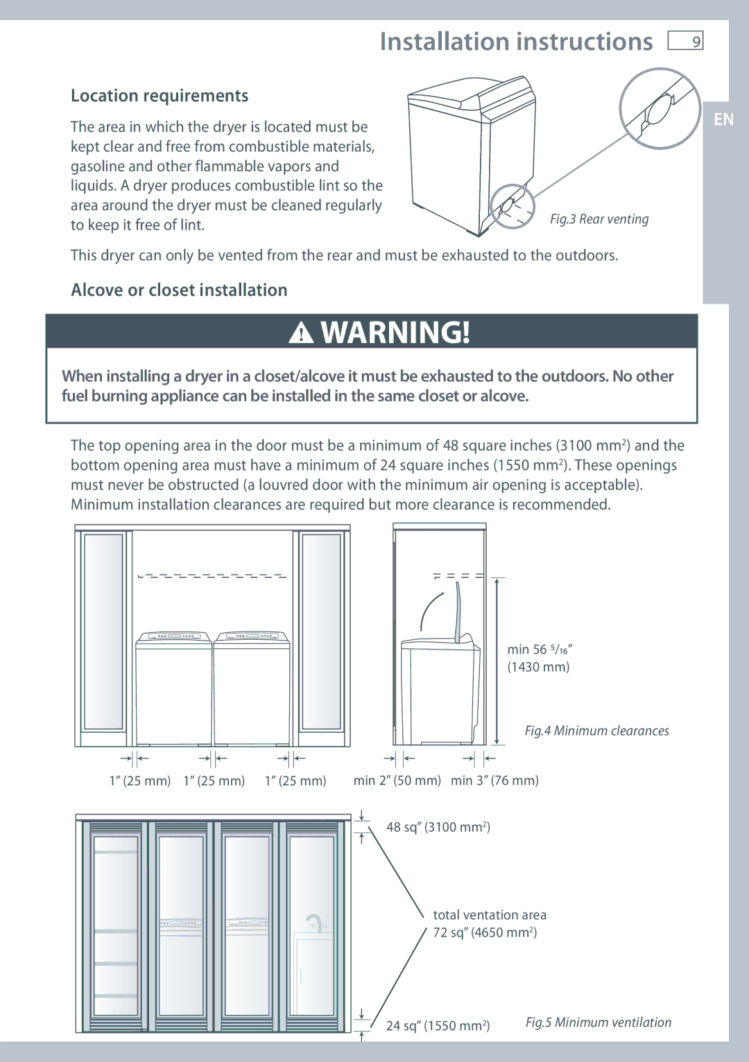 Fisher & Paykel DE62T27C, DG62T27C installation instructions Installation instructions, Alcove or closet installation 