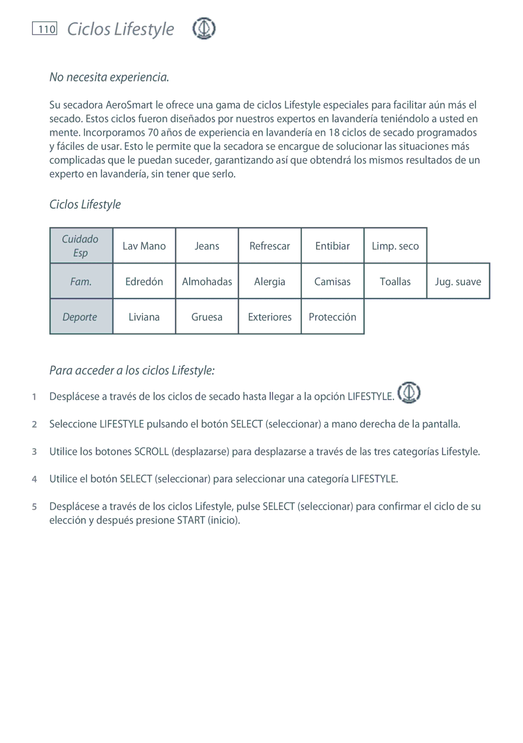 Fisher & Paykel DG62T27C, DE62T27C Ciclos Lifestyle, No necesita experiencia, Para acceder a los ciclos Lifestyle, 110 