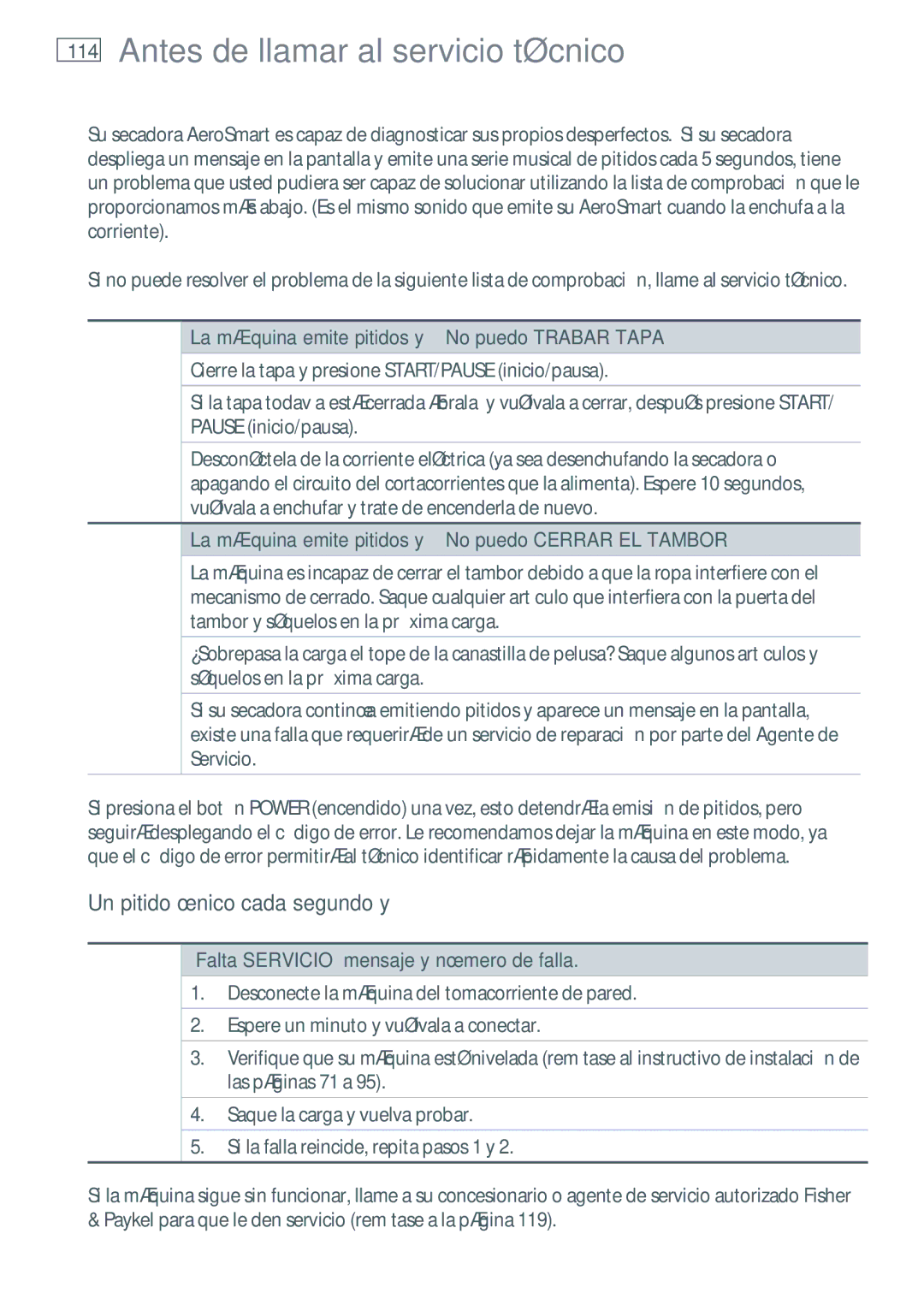 Fisher & Paykel DG62T27C Antes de llamar al servicio técnico, 114, La máquina emite pitidos y … No puedo Trabar Tapa 