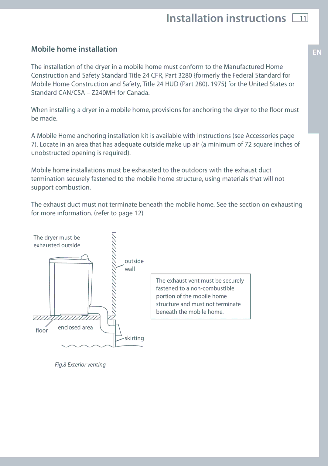 Fisher & Paykel DE62T27C, DG62T27C installation instructions Mobile home installation, Outside Wall 