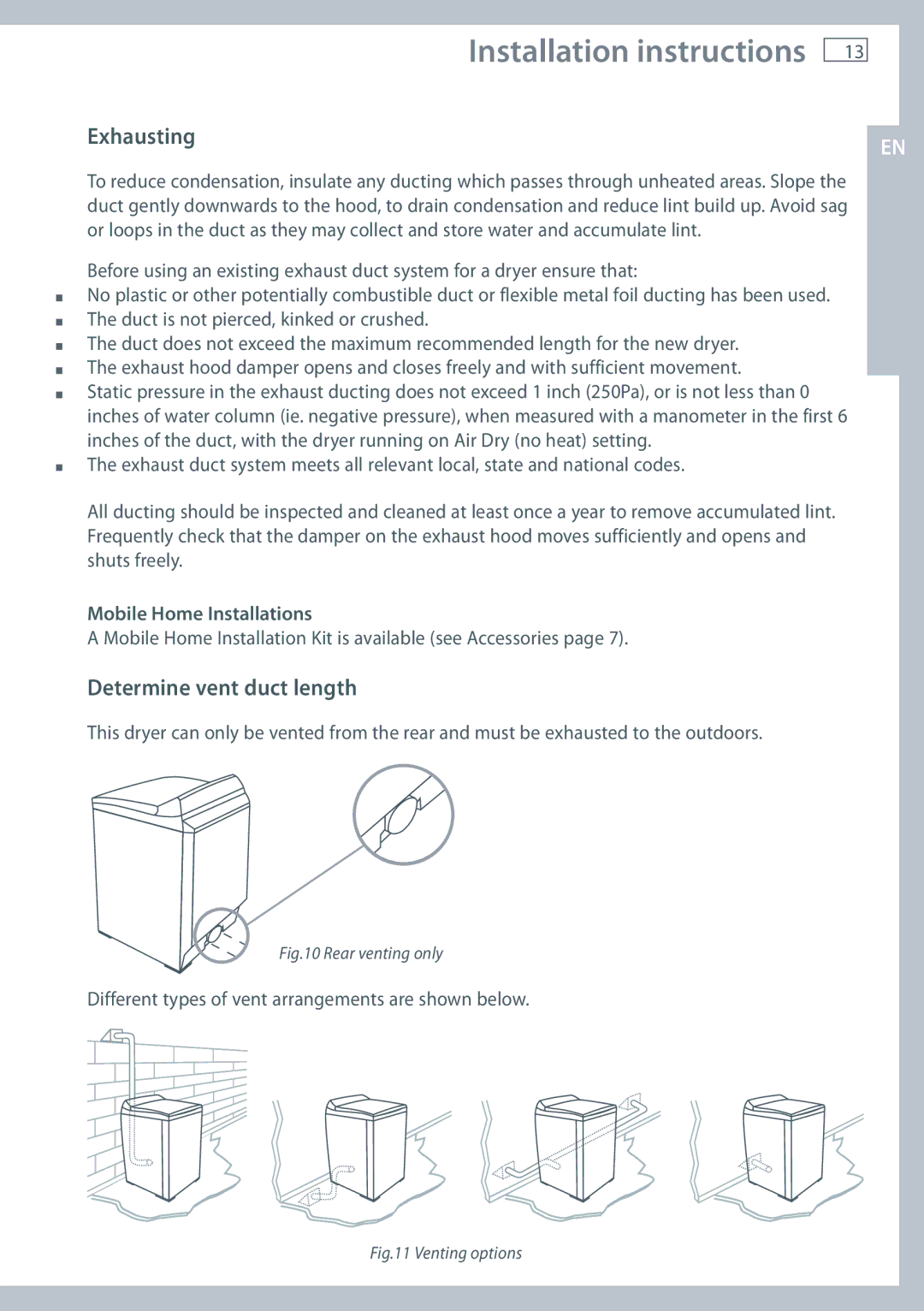 Fisher & Paykel DE62T27C, DG62T27C installation instructions Determine vent duct length, Mobile Home Installations 