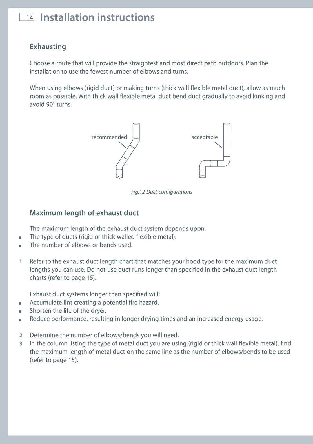 Fisher & Paykel DG62T27C, DE62T27C installation instructions Maximum length of exhaust duct, Duct configurations 