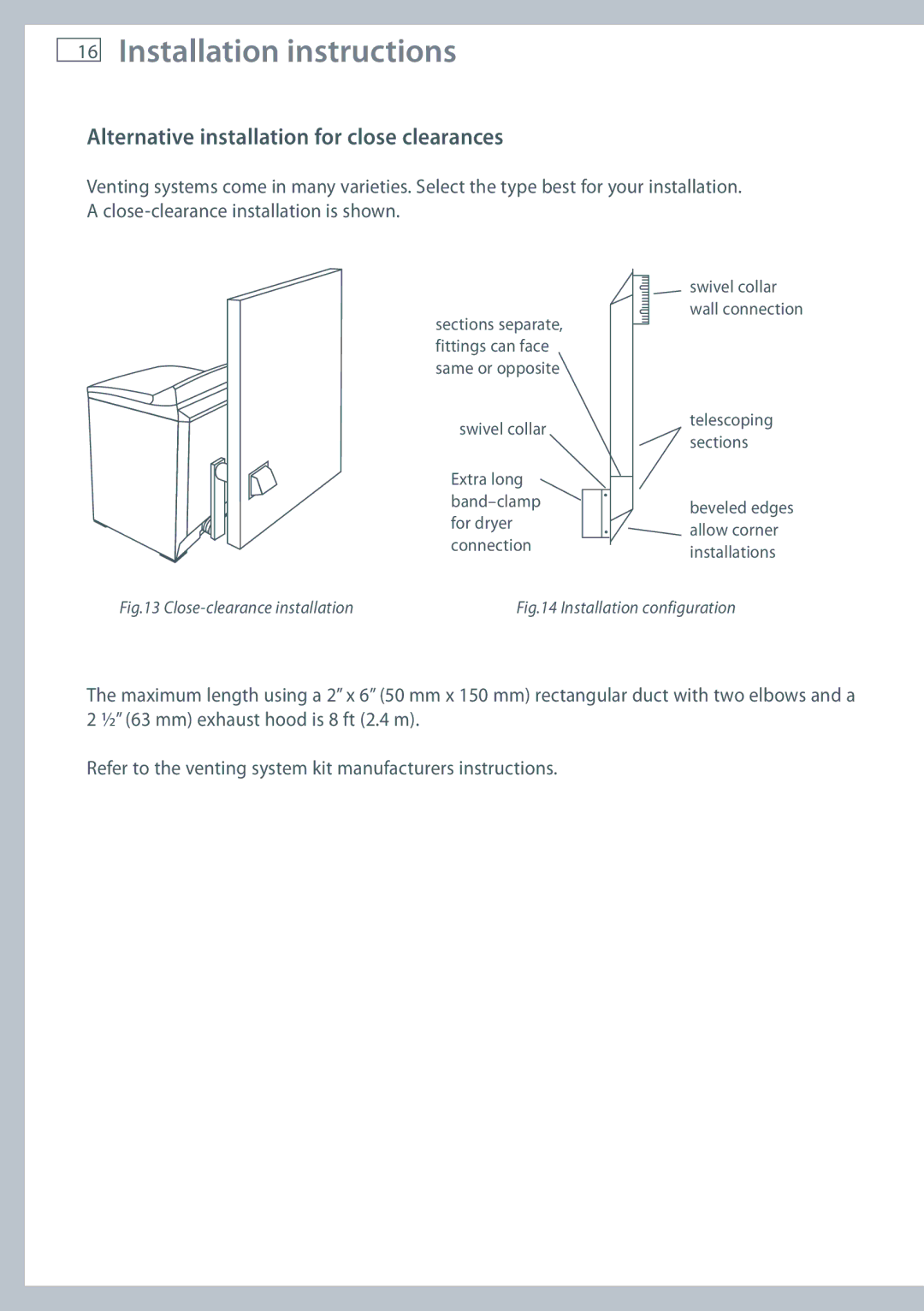 Fisher & Paykel DG62T27C, DE62T27C Alternative installation for close clearances, Close-clearance installation 