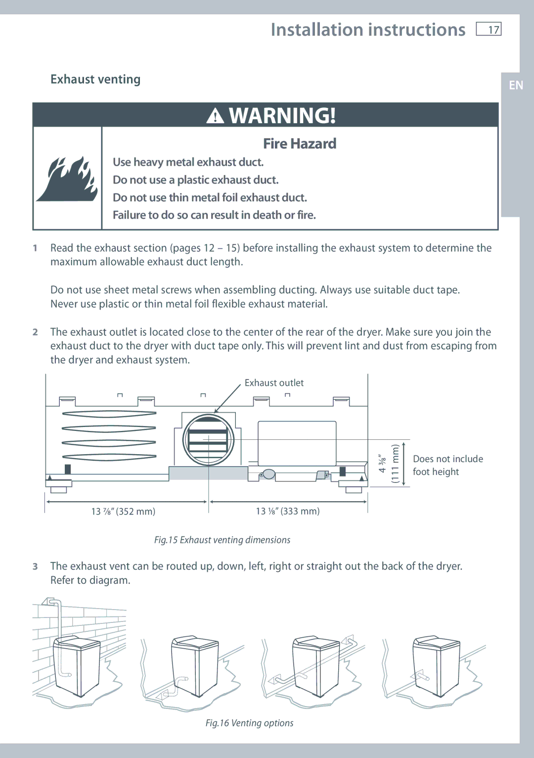 Fisher & Paykel DE62T27C, DG62T27C installation instructions Exhaust venting dimensions 