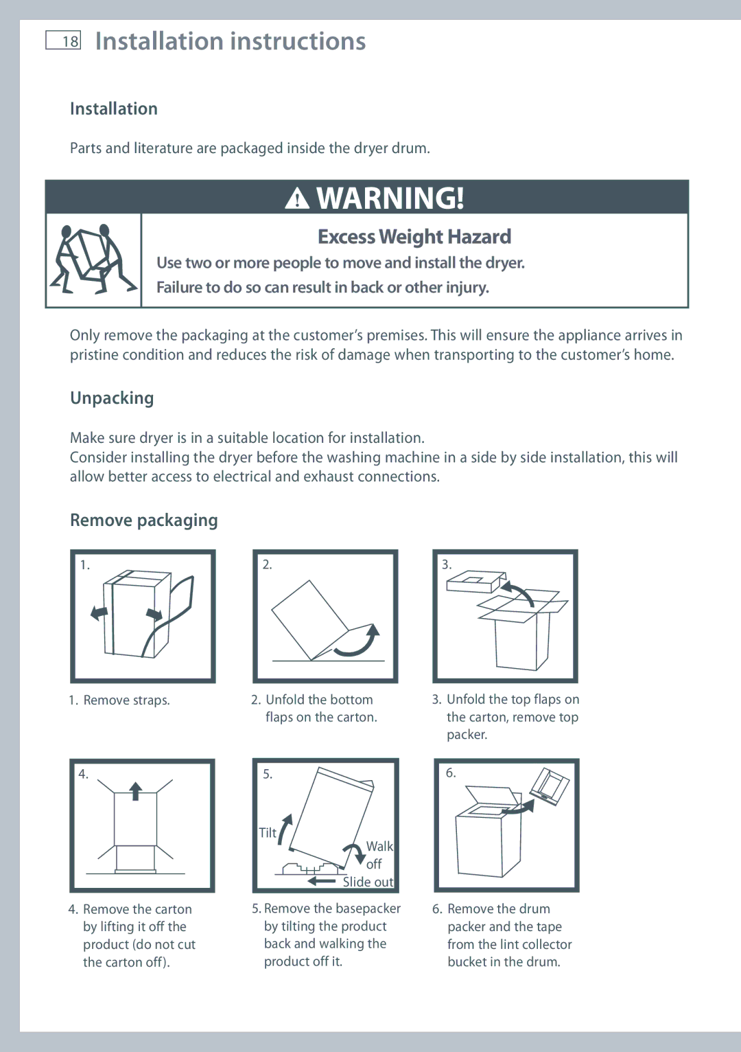 Fisher & Paykel DG62T27C, DE62T27C installation instructions Installation, Unpacking, Remove packaging 