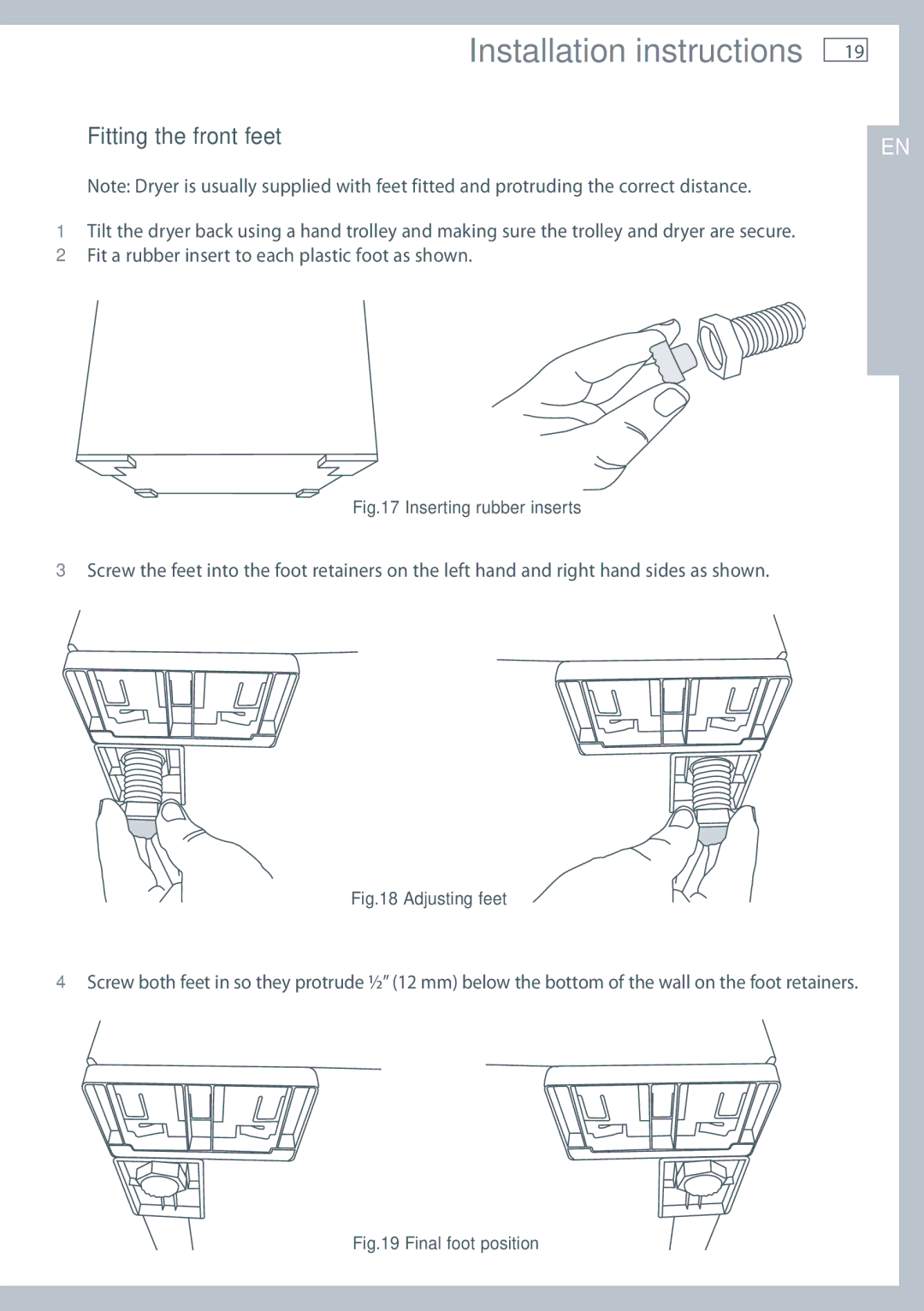 Fisher & Paykel DE62T27C, DG62T27C Fitting the front feet, Fit a rubber insert to each plastic foot as shown 