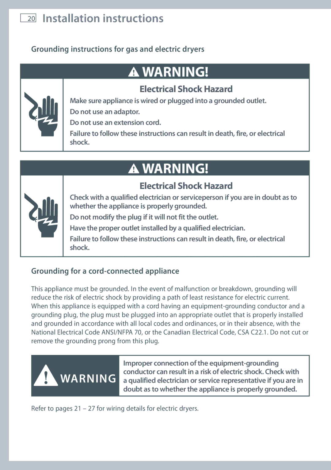 Fisher & Paykel DG62T27C Grounding instructions for gas and electric dryers, Grounding for a cord-connected appliance 