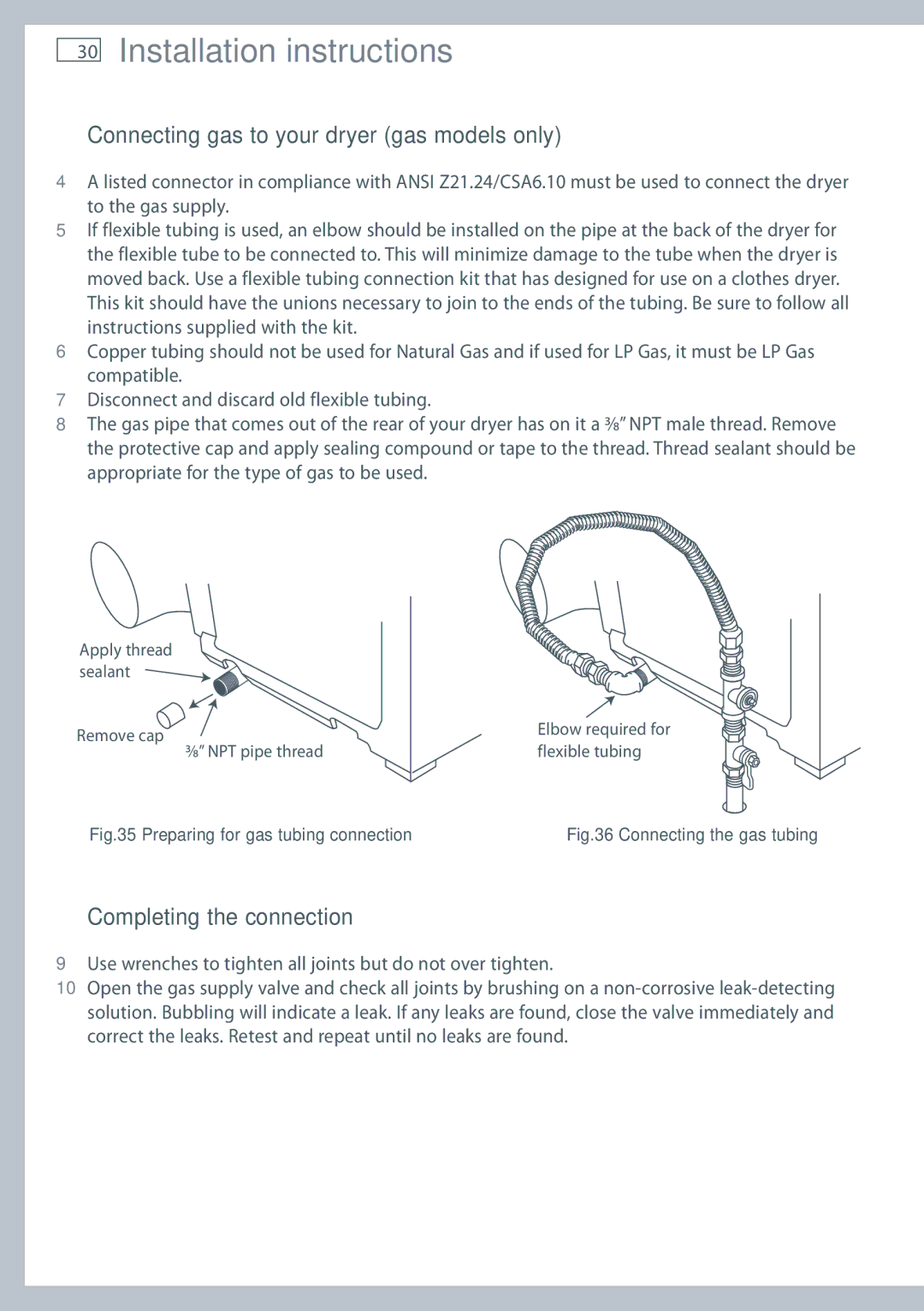 Fisher & Paykel DG62T27C, DE62T27C Completing the connection, Use wrenches to tighten all joints but do not over tighten 