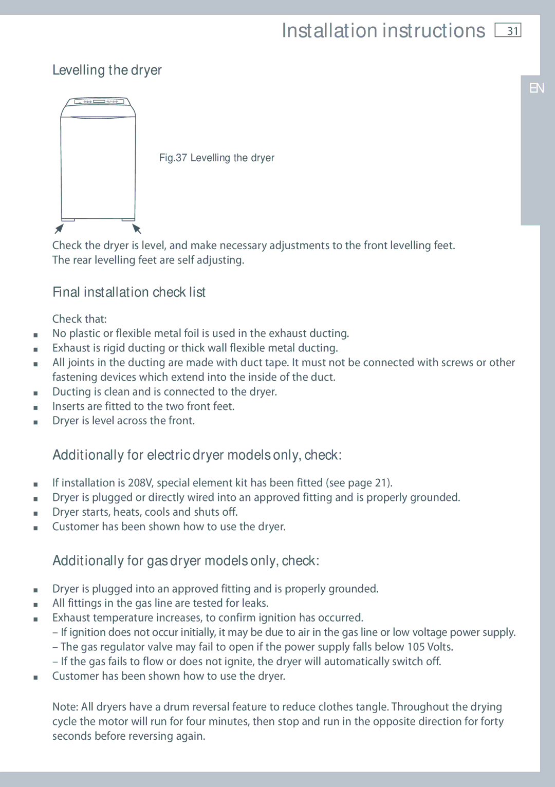 Fisher & Paykel DE62T27C Levelling the dryer, Final installation check list, Additionally for gas dryer models only, check 