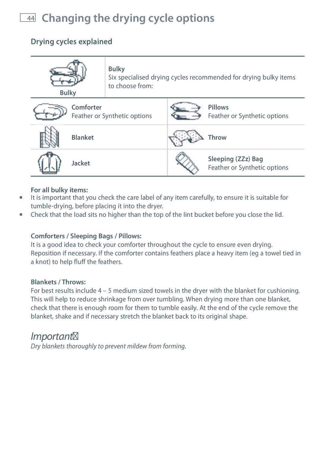 Fisher & Paykel DG62T27C, DE62T27C installation instructions Bulky, Comforters / Sleeping Bags / Pillows, Blankets / Throws 