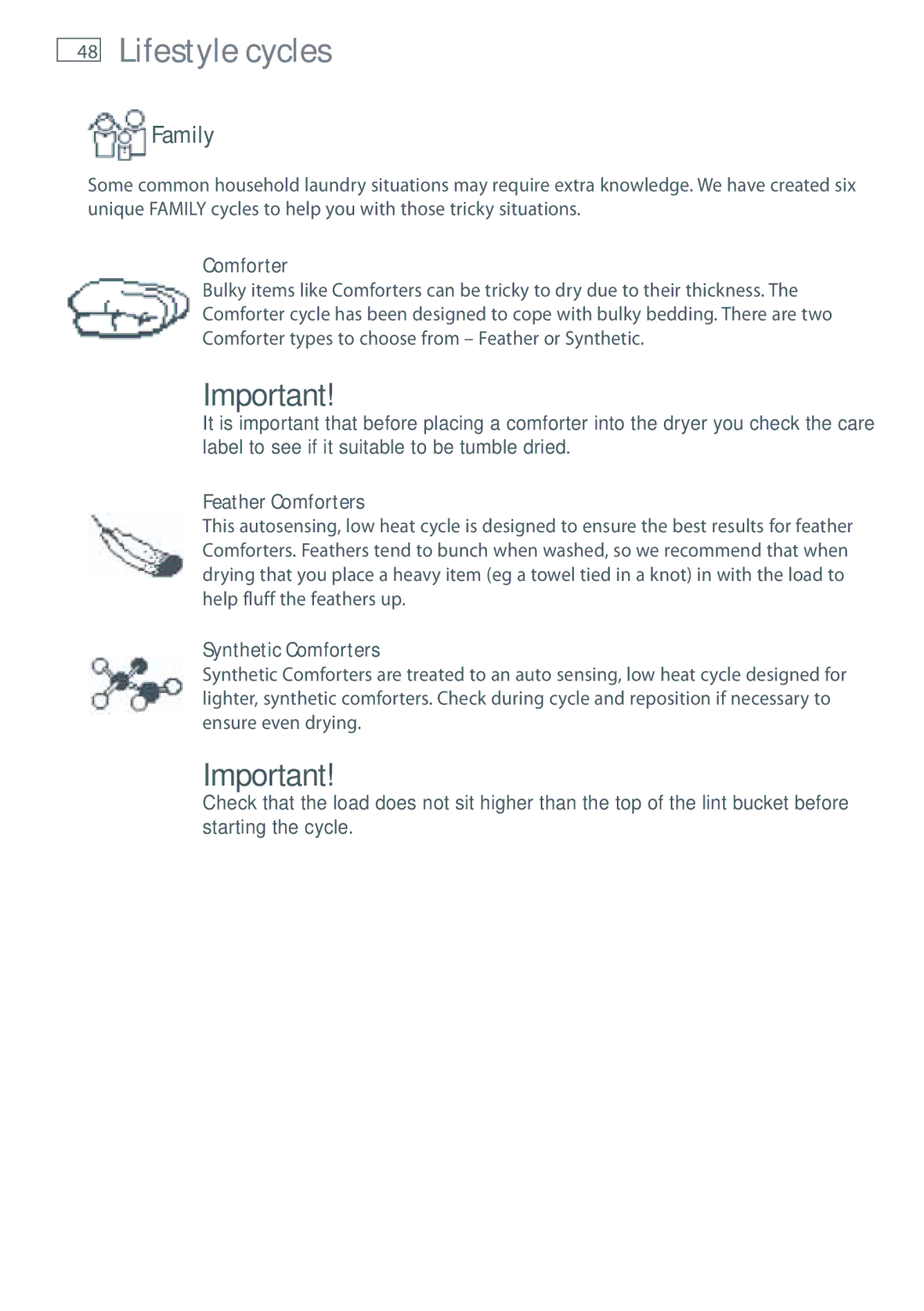 Fisher & Paykel DG62T27C, DE62T27C installation instructions Family, Feather Comforters, Synthetic Comforters 