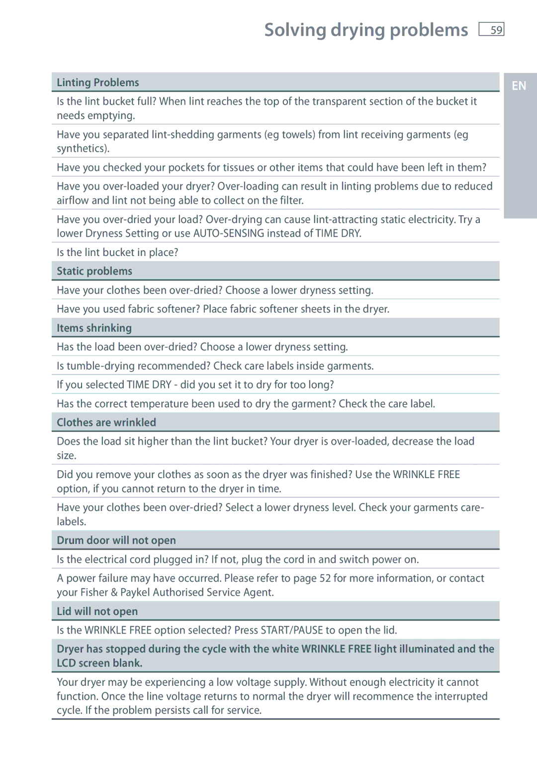 Fisher & Paykel DE62T27C, DG62T27C installation instructions Solving drying problems 