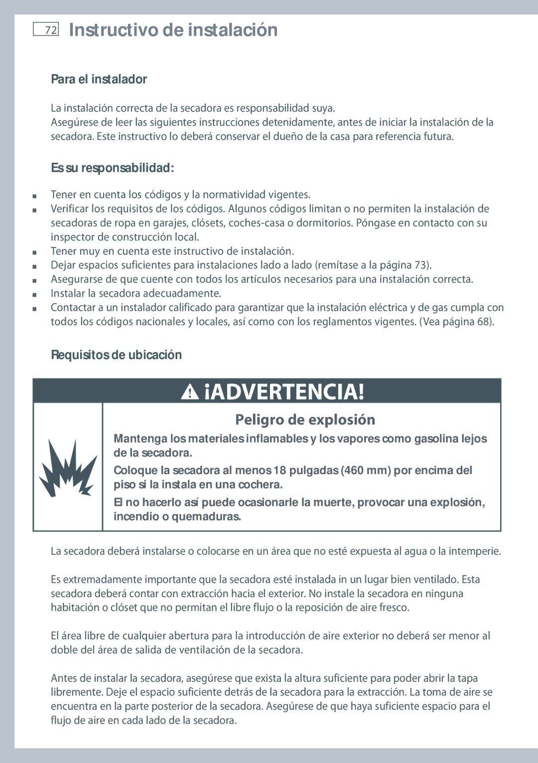 Fisher & Paykel DG62T27C, DE62T27C Para el instalador, Es su responsabilidad, Requisitos de ubicación 