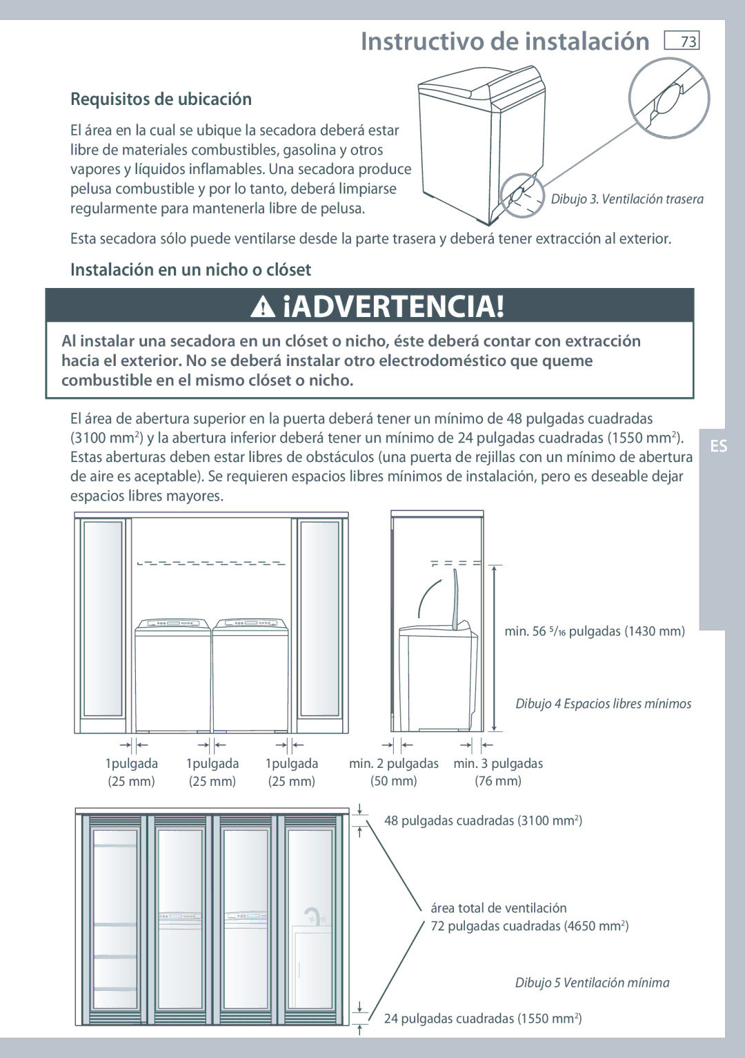 Fisher & Paykel DE62T27C, DG62T27C Instalación en un nicho o clóset, Regularmente para mantenerla libre de pelusa 