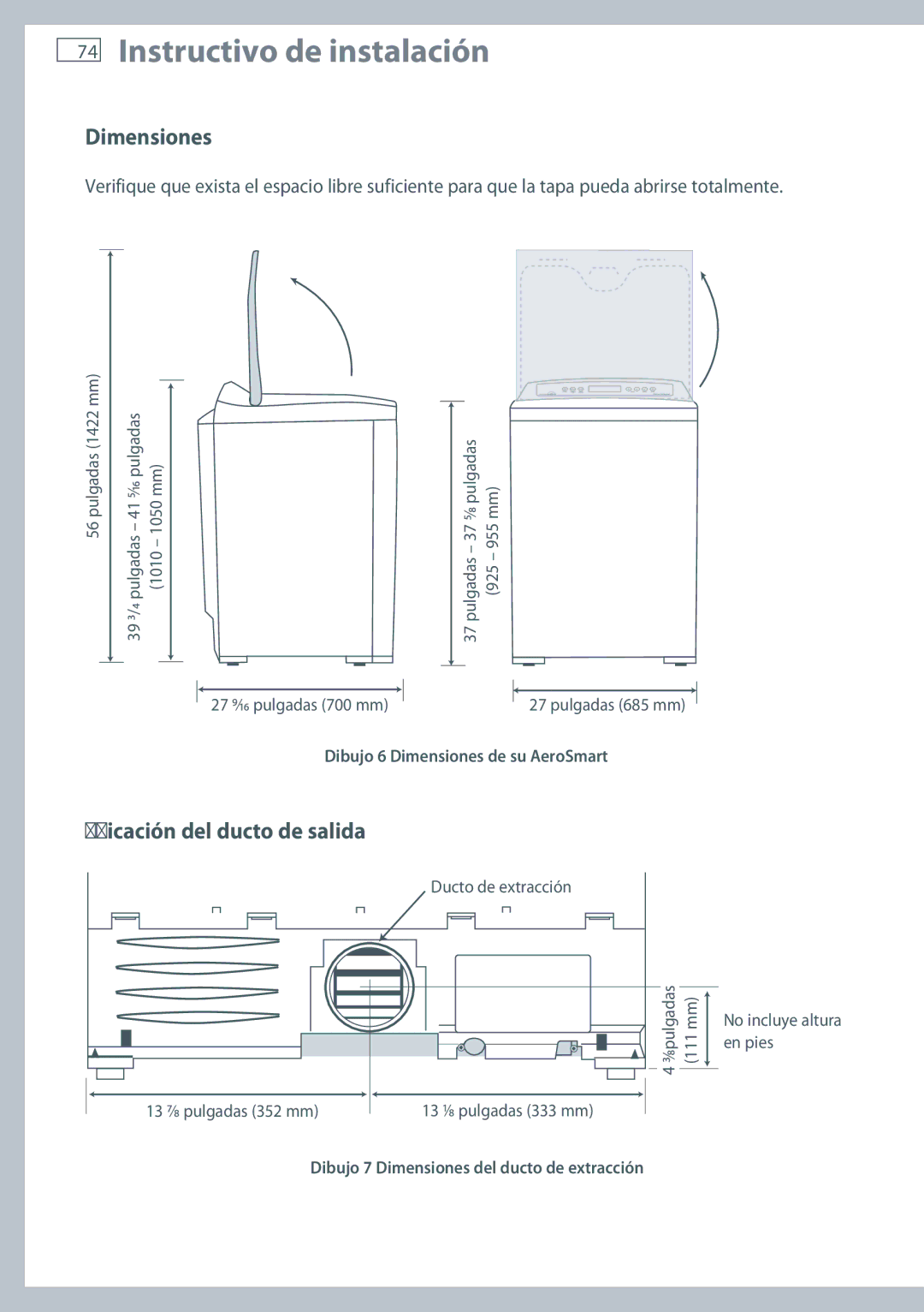 Fisher & Paykel DG62T27C, DE62T27C installation instructions Dimensiones, Ubicación del ducto de salida 