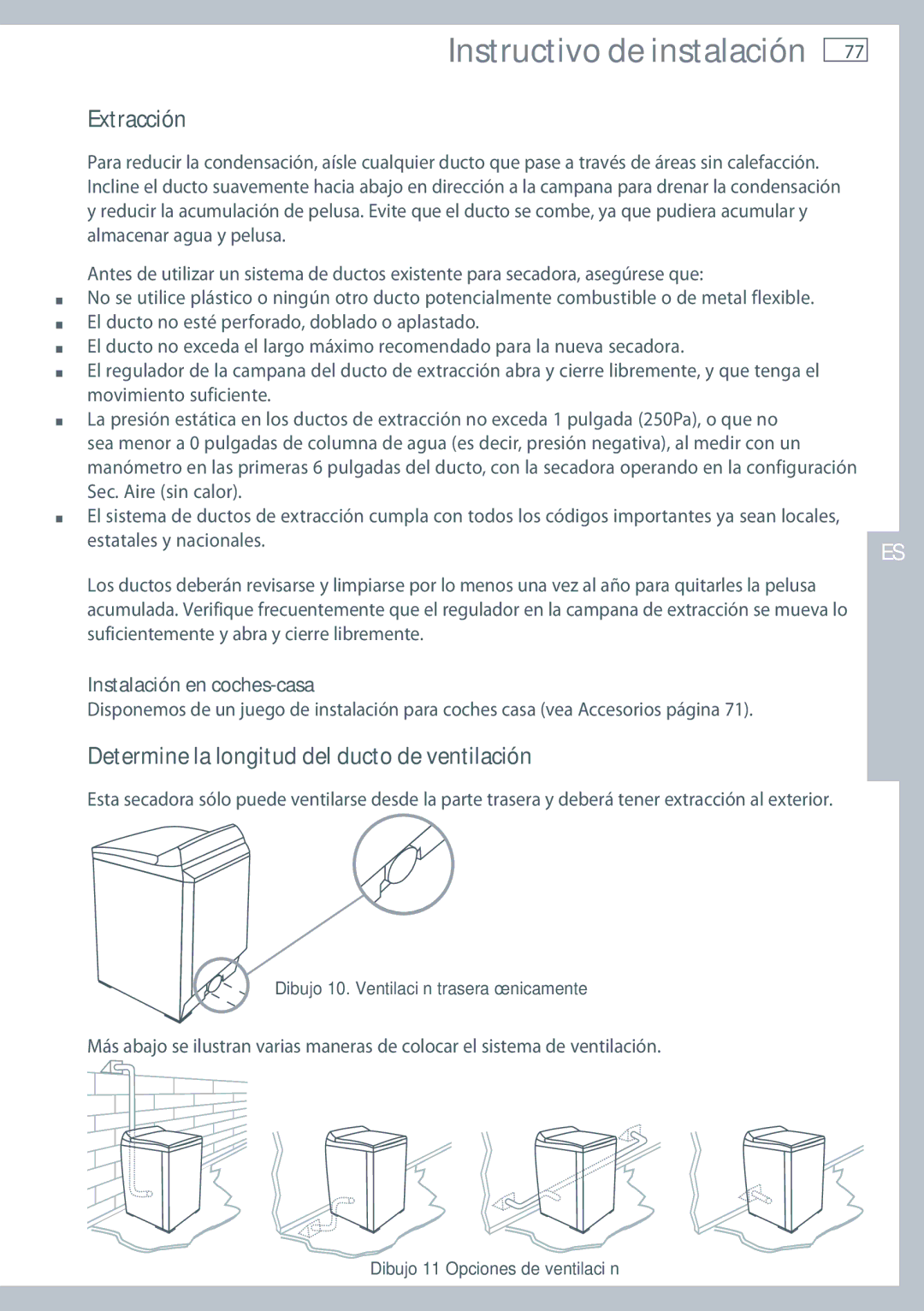 Fisher & Paykel DE62T27C, DG62T27C Determine la longitud del ducto de ventilación, Instalación en coches-casa 