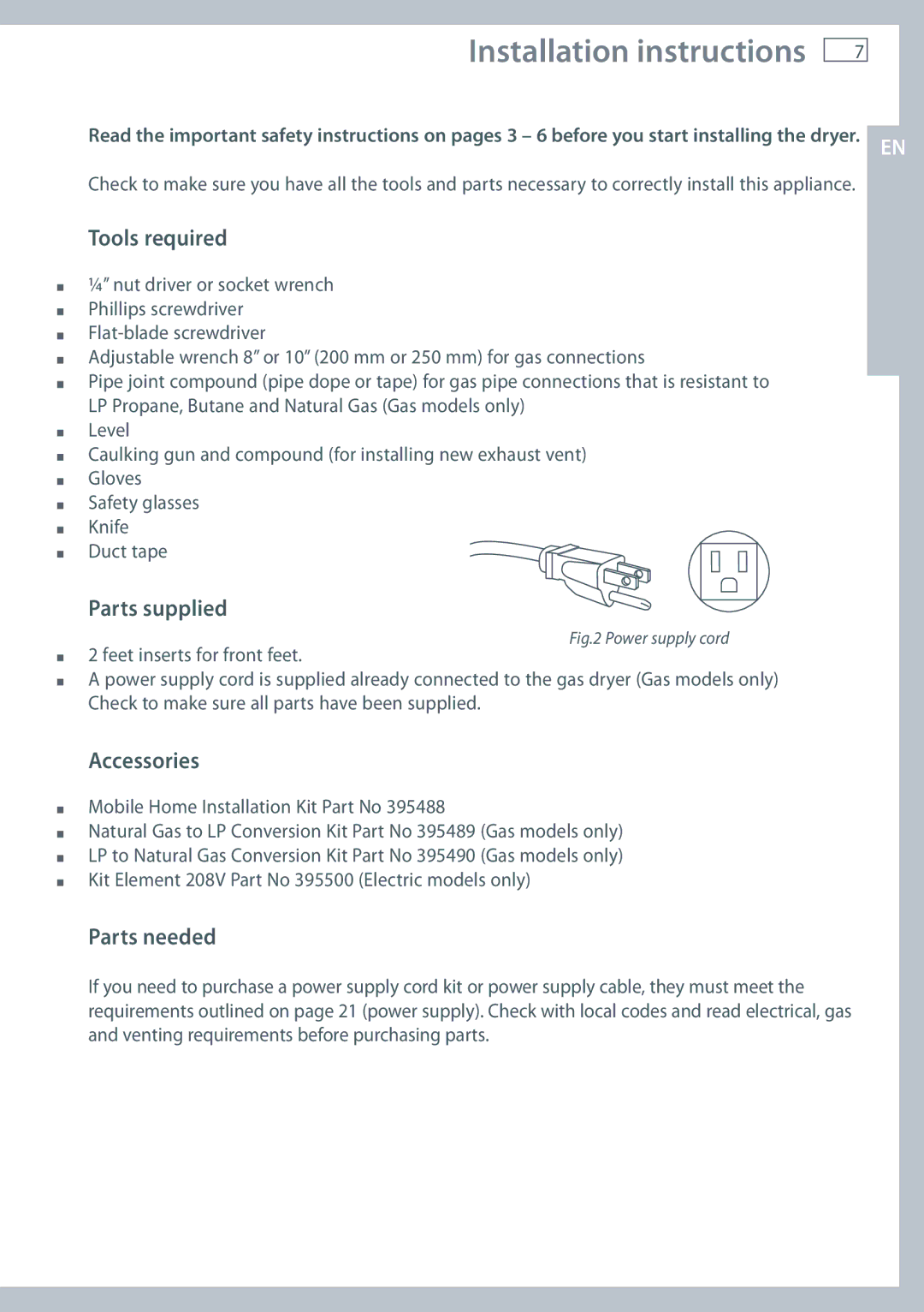 Fisher & Paykel DE62T27C, DG62T27C Installation instructions, Tools required, Parts supplied, Accessories, Parts needed 