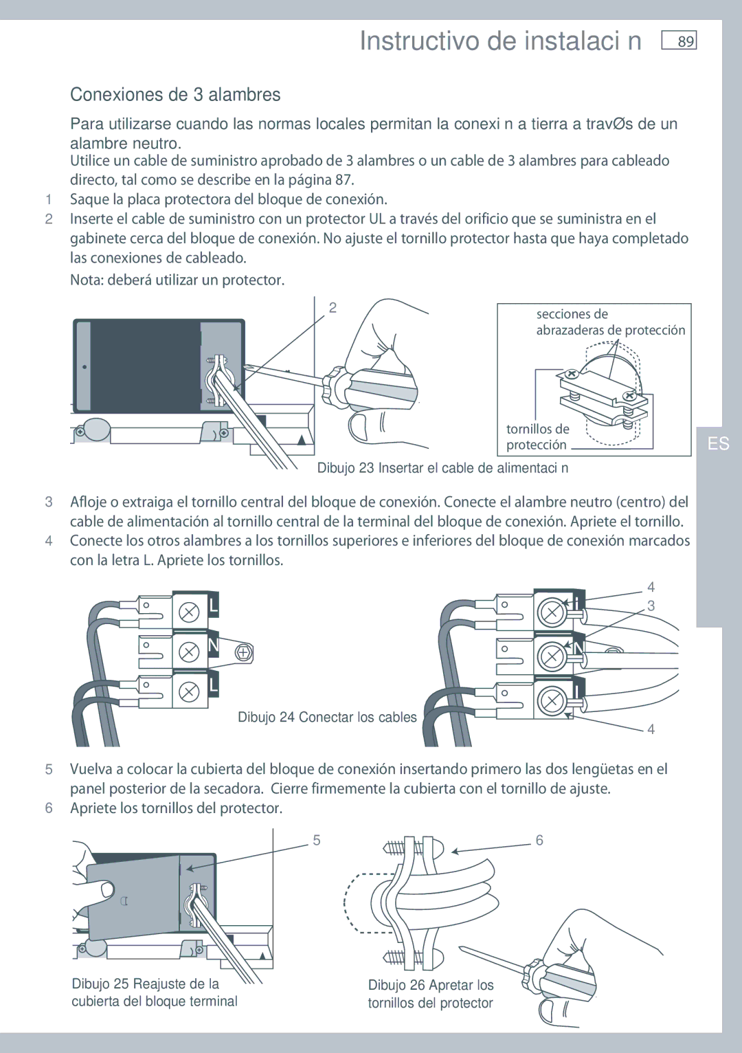 Fisher & Paykel DE62T27C, DG62T27C installation instructions Conexiones de 3 alambres, Apriete los tornillos del protector 