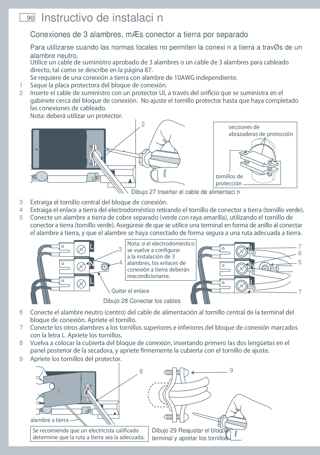 Fisher & Paykel DG62T27C, DE62T27C installation instructions Conexiones de 3 alambres, más conector a tierra por separado 