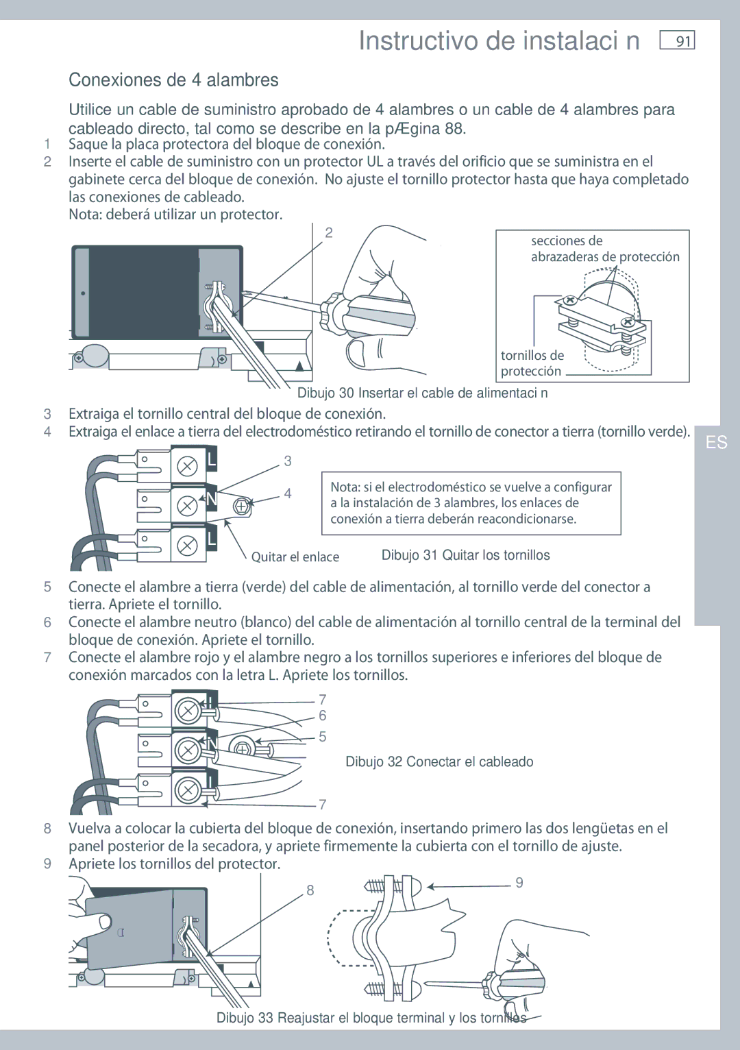 Fisher & Paykel DE62T27C, DG62T27C installation instructions Conexiones de 4 alambres, Dibujo 32 Conectar el cableado 