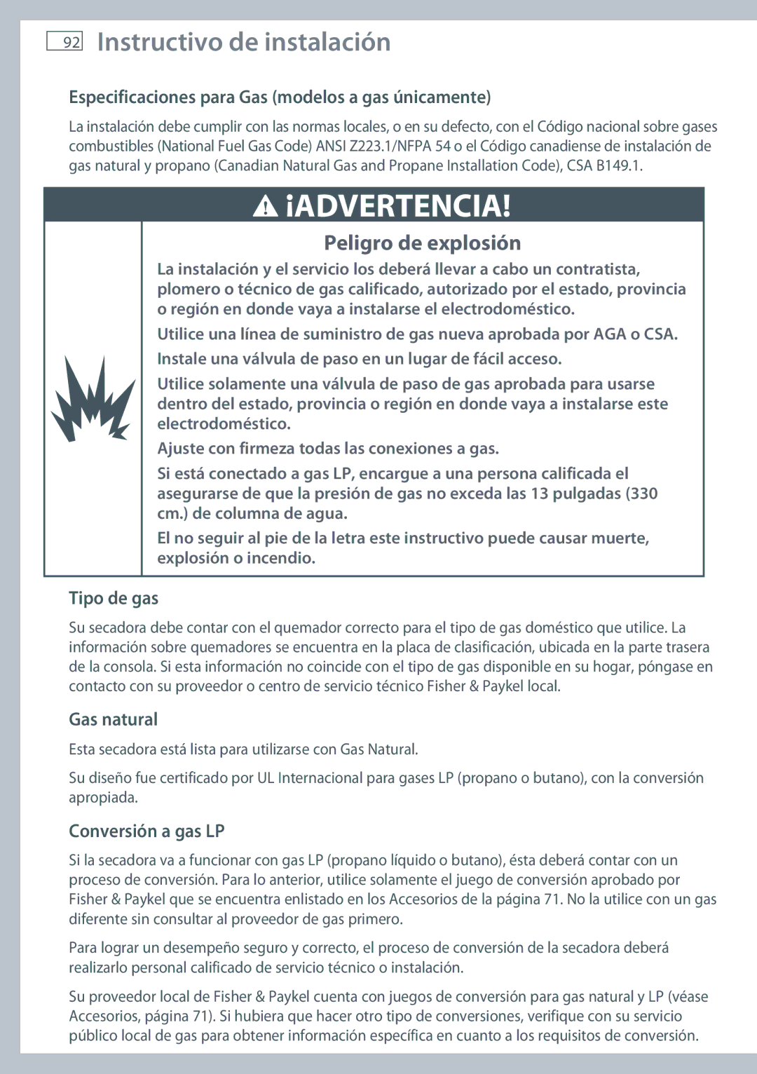 Fisher & Paykel DG62T27C Especificaciones para Gas modelos a gas únicamente, Tipo de gas, Gas natural, Conversión a gas LP 