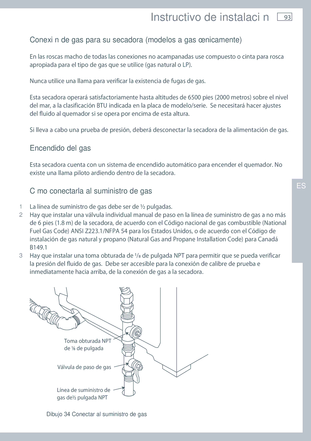 Fisher & Paykel DE62T27C, DG62T27C Conexión de gas para su secadora modelos a gas únicamente, Encendido del gas 