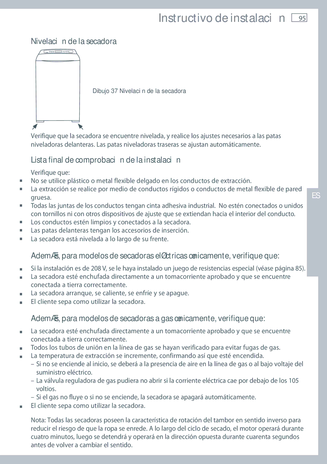 Fisher & Paykel DE62T27C, DG62T27C Nivelación de la secadora, Lista final de comprobación de la instalación 