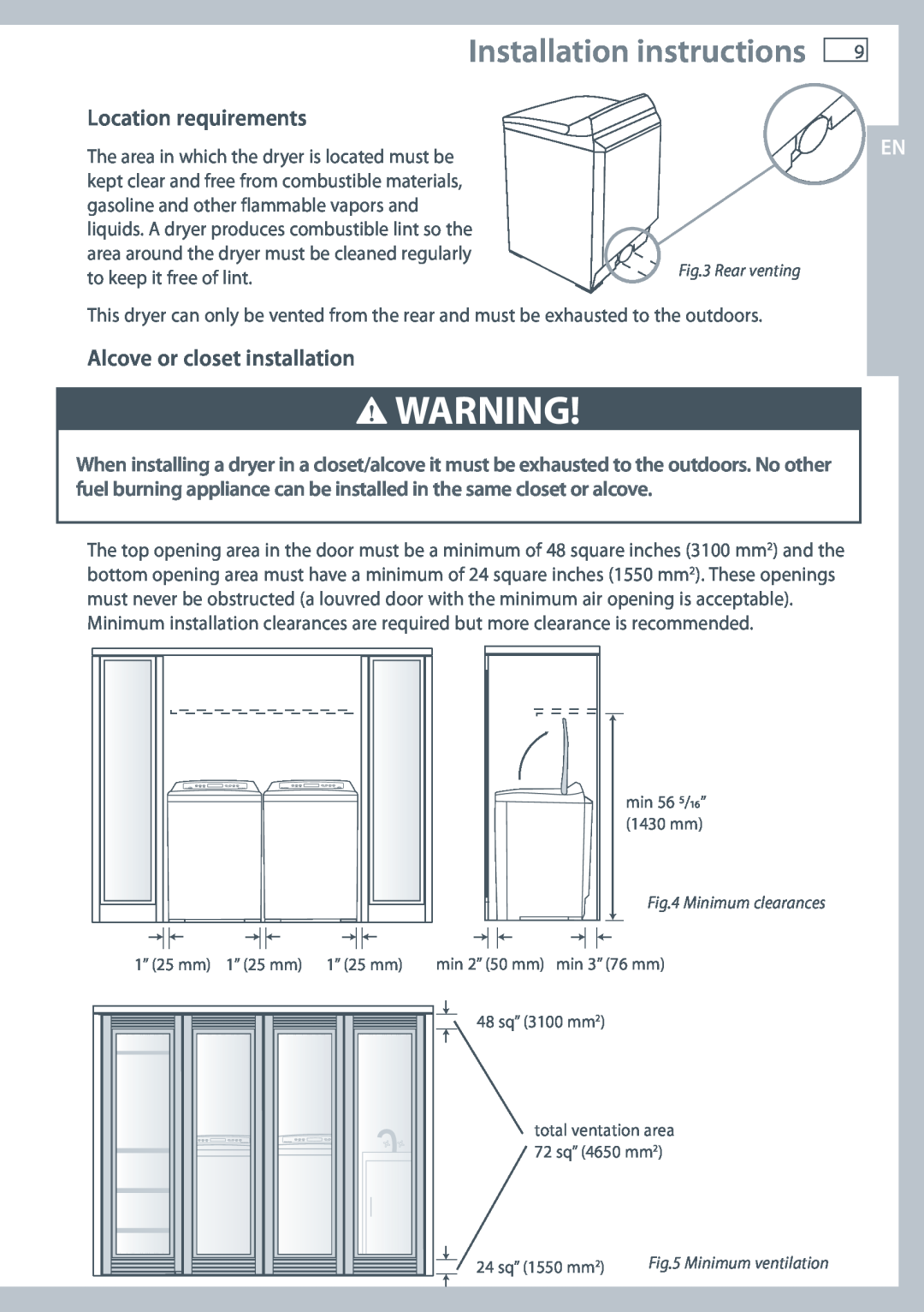 Fisher & Paykel DE62T27C, DG62T27C Installation instructions, Location requirements, Alcove or closet installation 