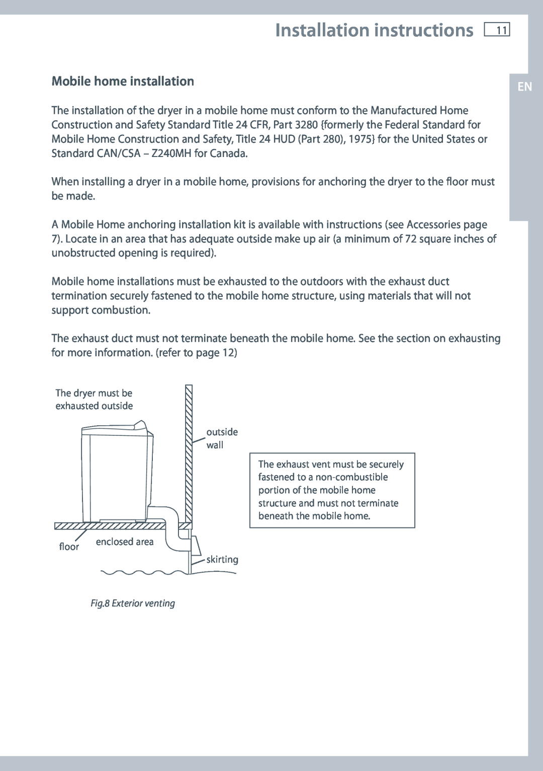 Fisher & Paykel DE62T27C, DG62T27C Installation instructions, Mobile home installation, floor, outside wall, skirting 