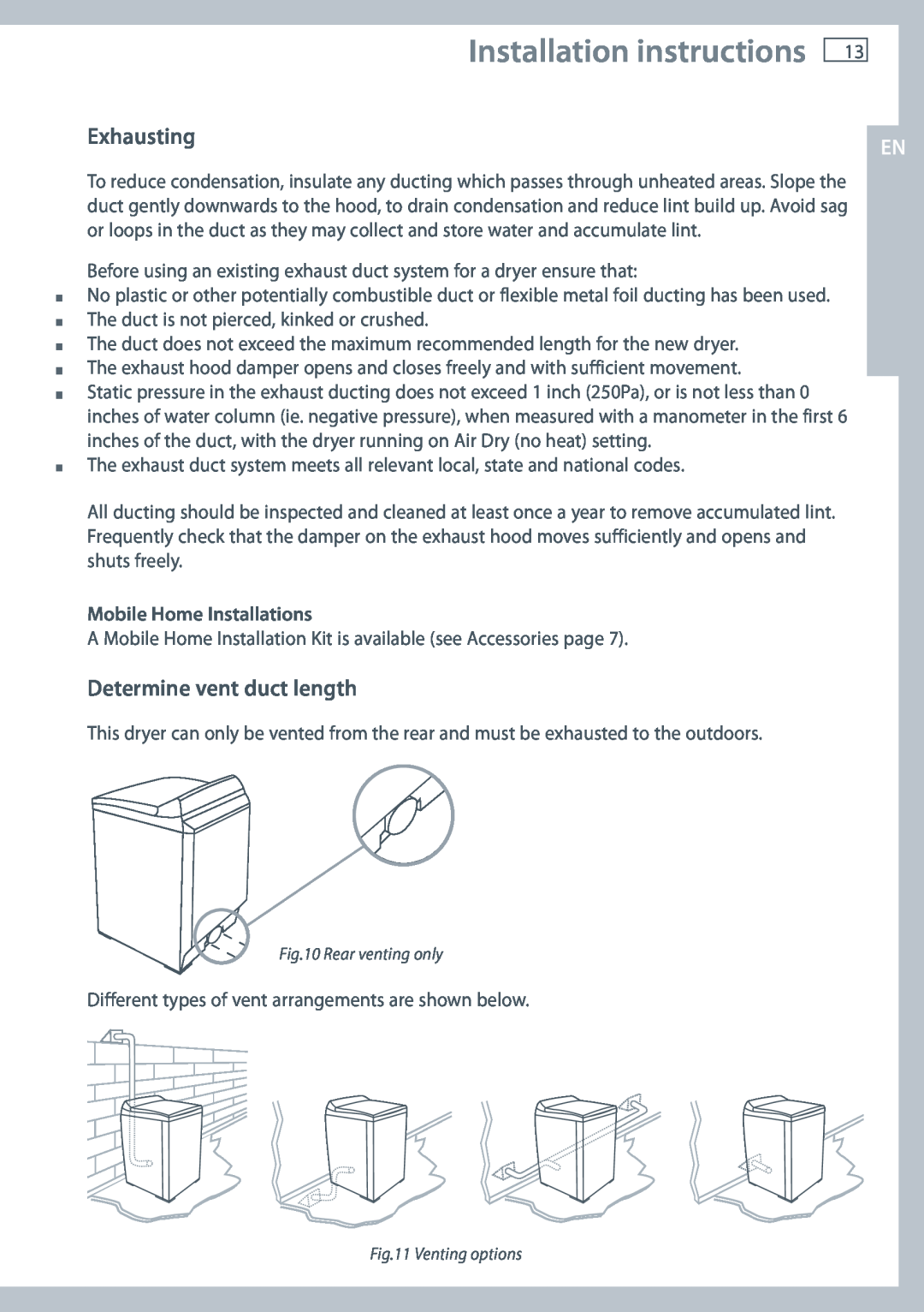 Fisher & Paykel DE62T27C Installation instructions, Exhausting, Determine vent duct length, Mobile Home Installations 
