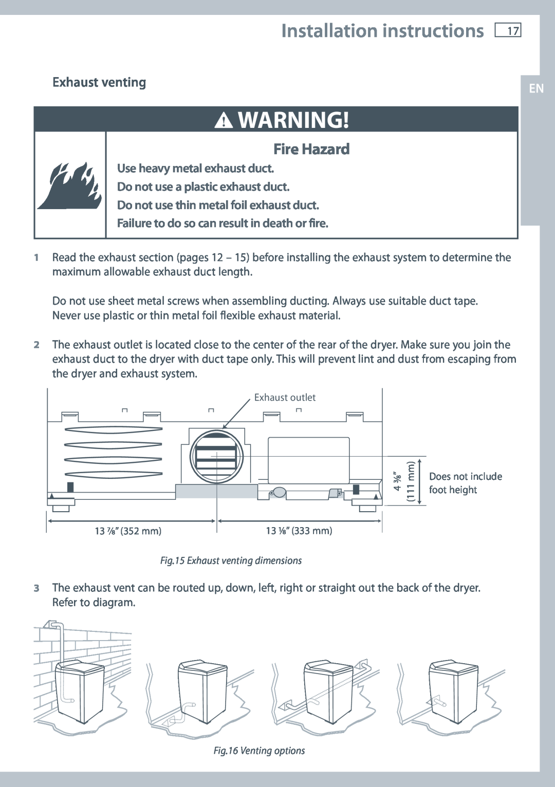 Fisher & Paykel DE62T27C Installation instructions, Fire Hazard, Exhaust venting, Do not use thin metal foil exhaust duct 
