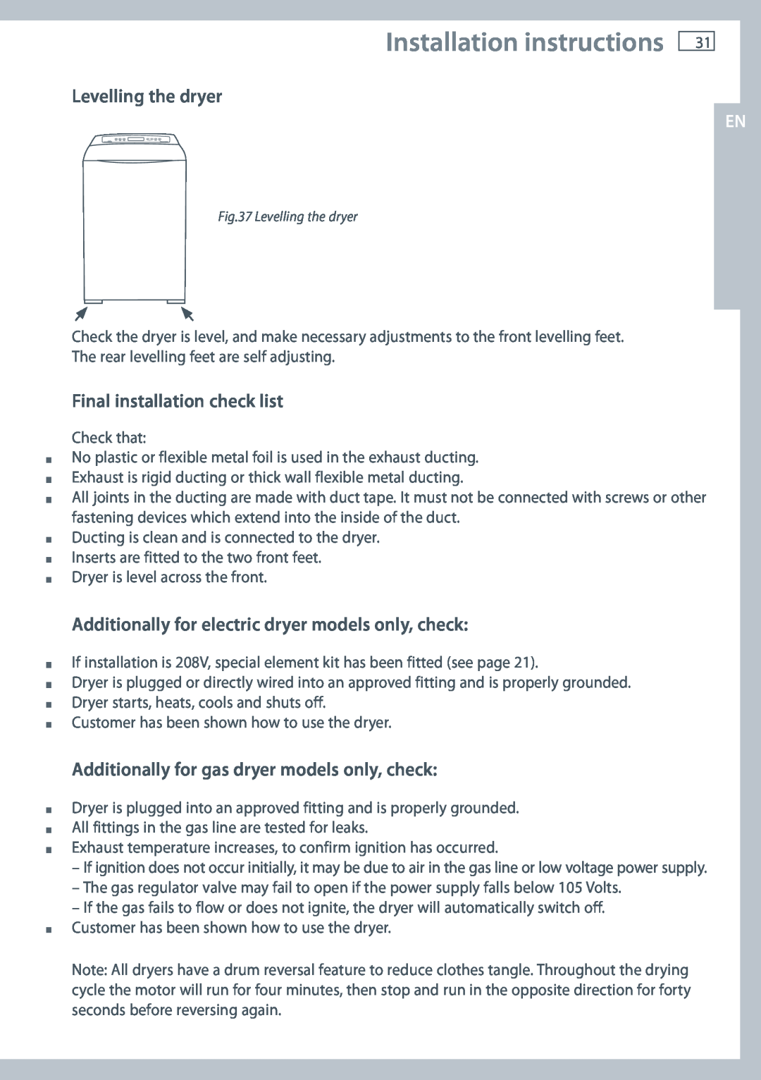 Fisher & Paykel DE62T27C, DG62T27C Installation instructions, Levelling the dryer, Final installation check list 