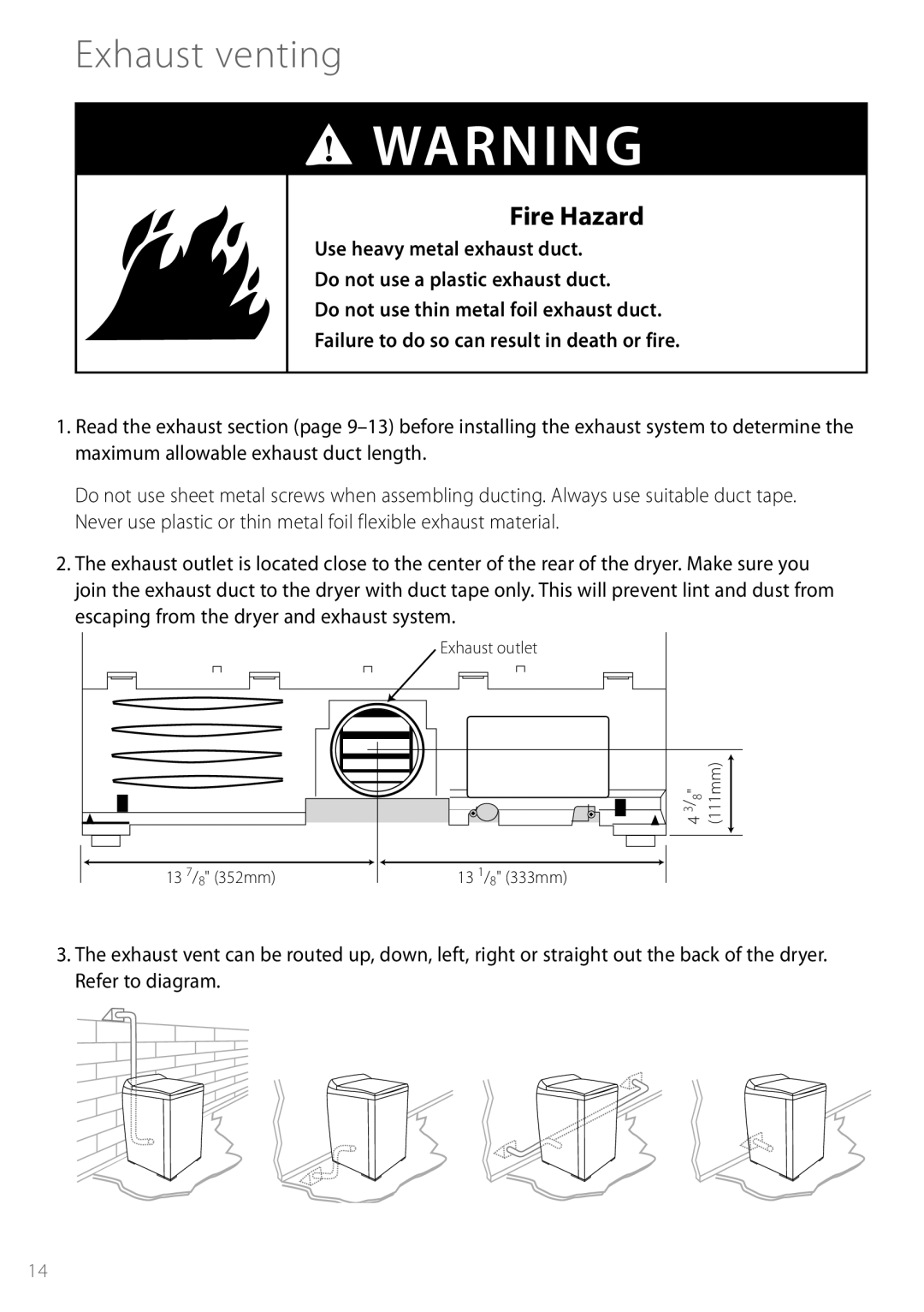 Fisher & Paykel DGGX1US installation instructions Exhaust venting, Fire Hazard 