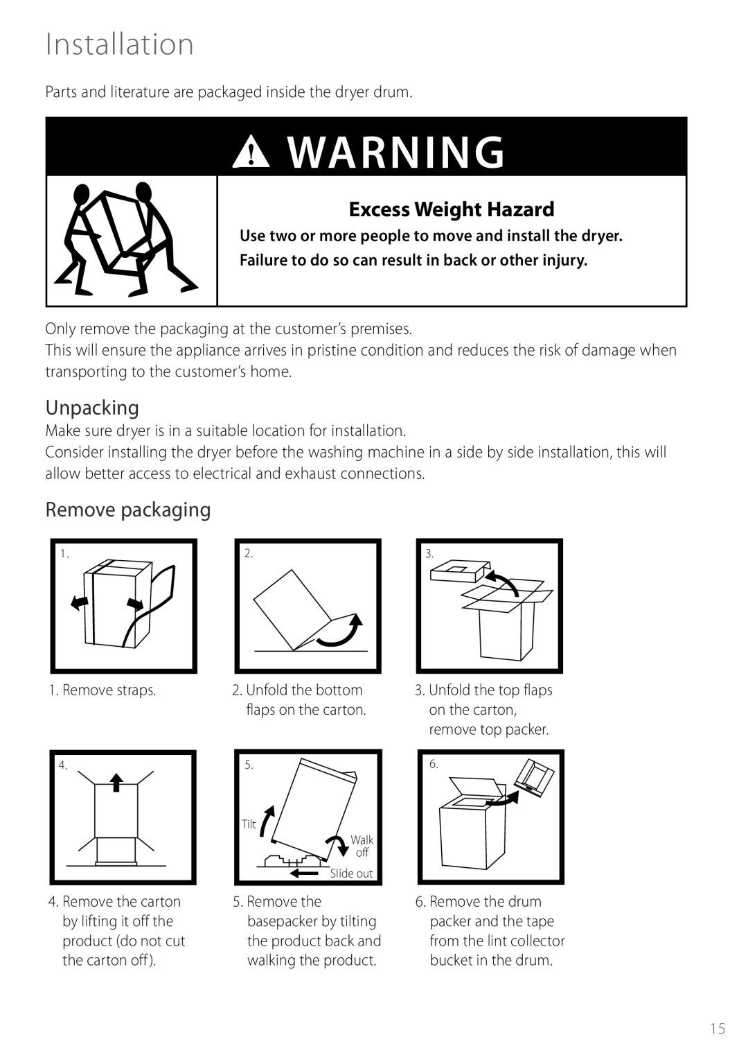 Fisher & Paykel DGGX1US installation instructions Installation, Excess Weight Hazard, Unpacking, Remove packaging 