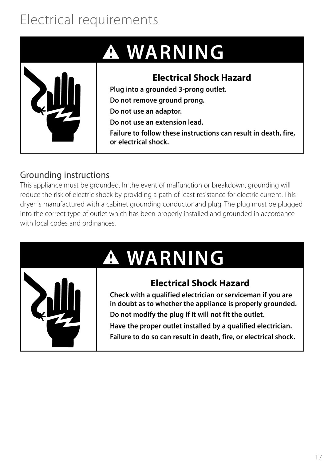 Fisher & Paykel DGGX1US installation instructions Electrical requirements, Electrical Shock Hazard, Grounding instructions 