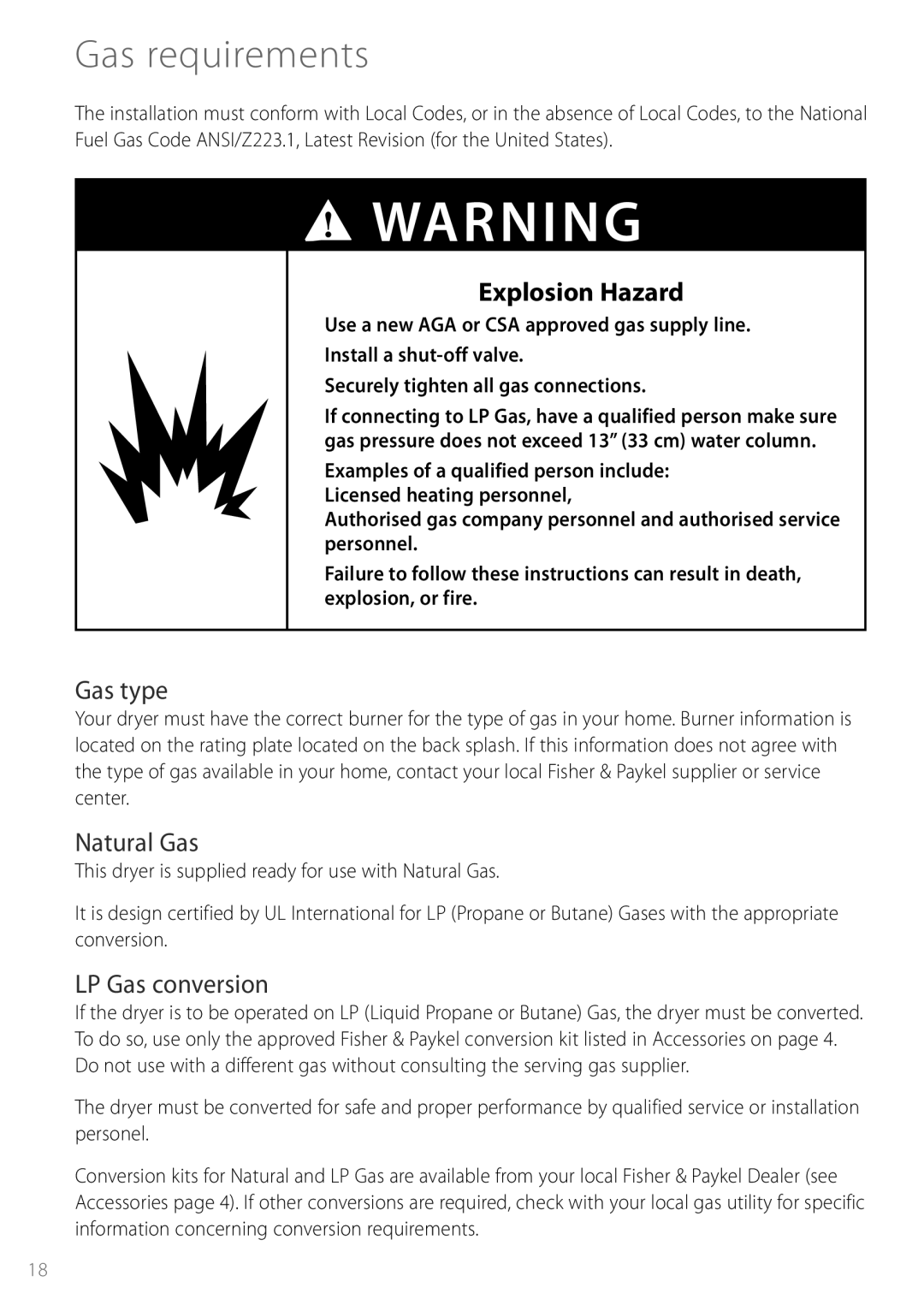 Fisher & Paykel DGGX1US installation instructions Gas requirements, Gas type, Natural Gas, LP Gas conversion 