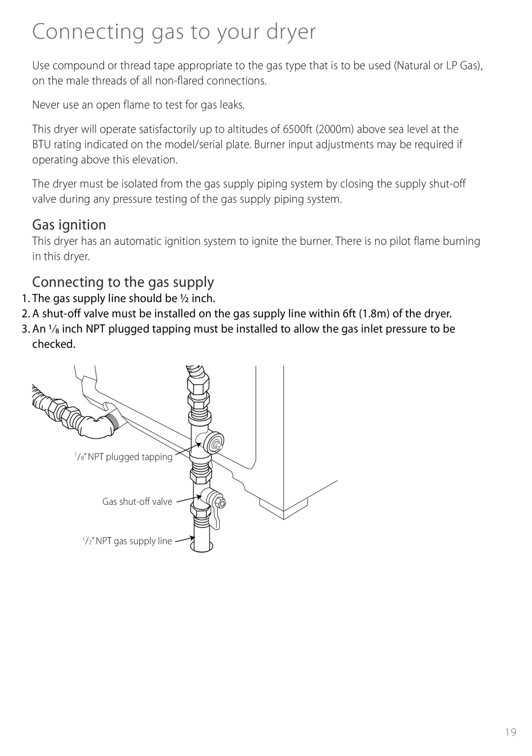 Fisher & Paykel DGGX1US installation instructions Connecting gas to your dryer, Gas ignition, Connecting to the gas supply 