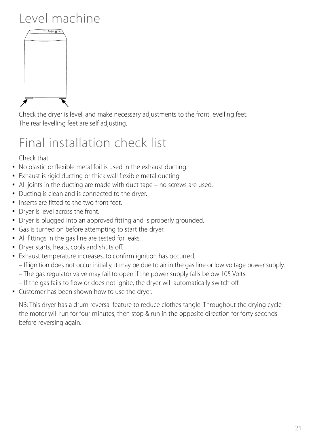 Fisher & Paykel DGGX1US installation instructions Level machine, Final installation check list 