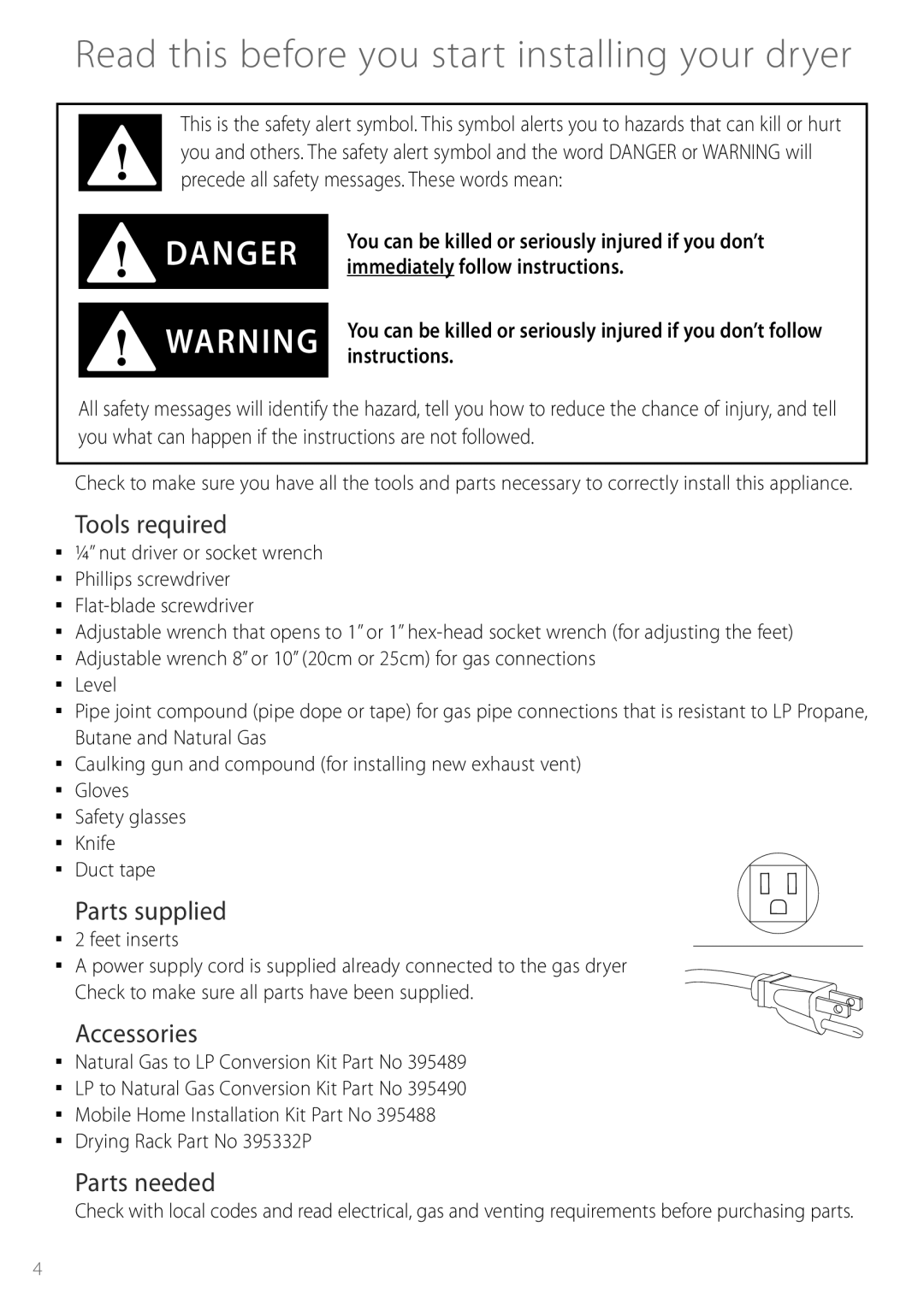 Fisher & Paykel DGGX1US Read this before you start installing your dryer, Tools required, Parts supplied, Accessories 