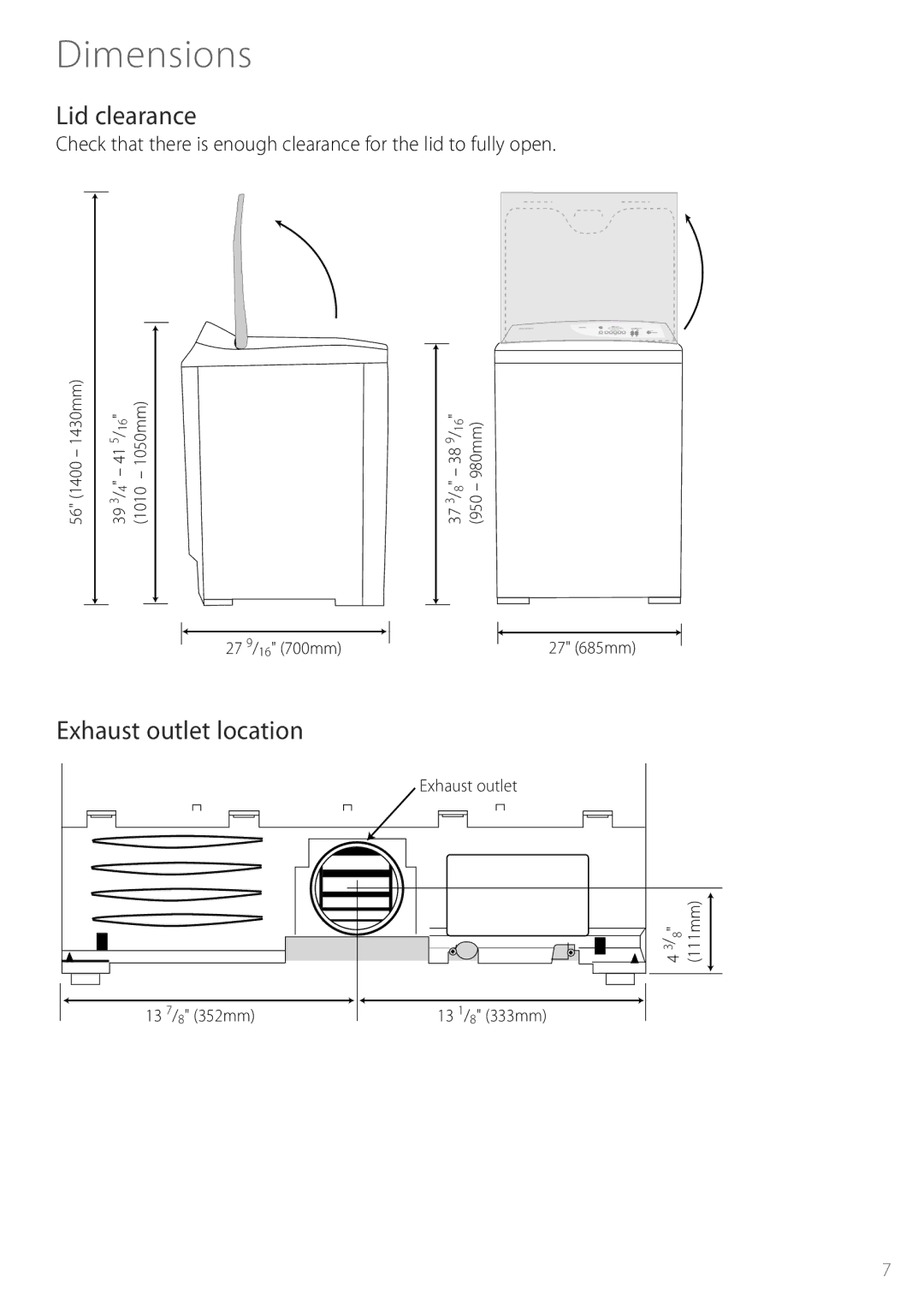 Fisher & Paykel DGGX1US installation instructions Dimensions, Lid clearance, Exhaust outlet location 