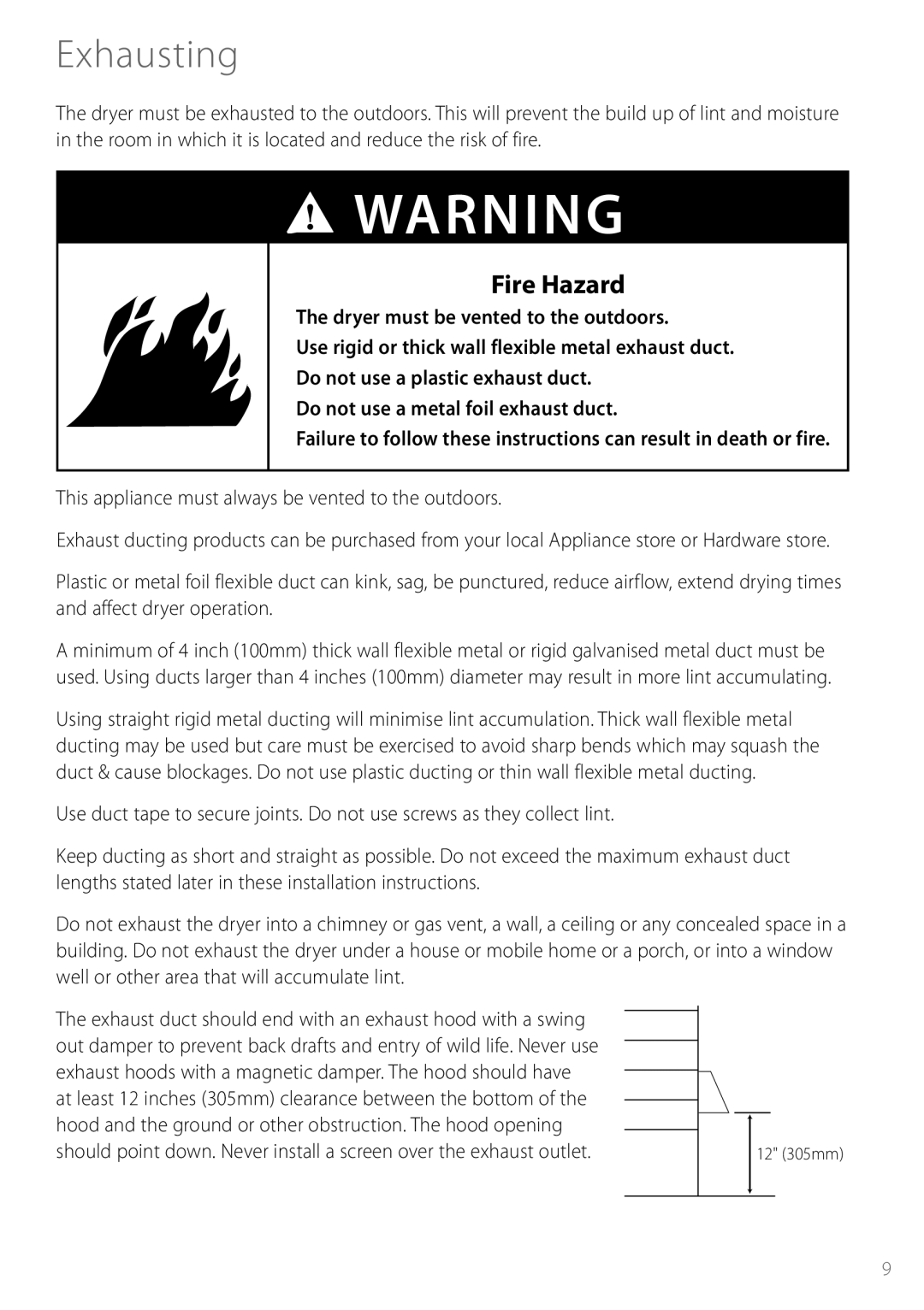 Fisher & Paykel DGGX1US installation instructions Exhausting, Fire Hazard 