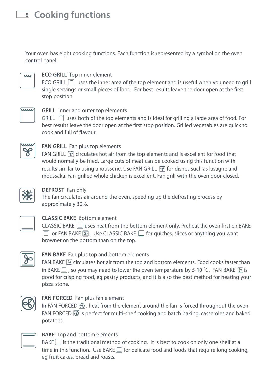 Fisher & Paykel DI1203 manual Cooking functions, Defrost Fan only 