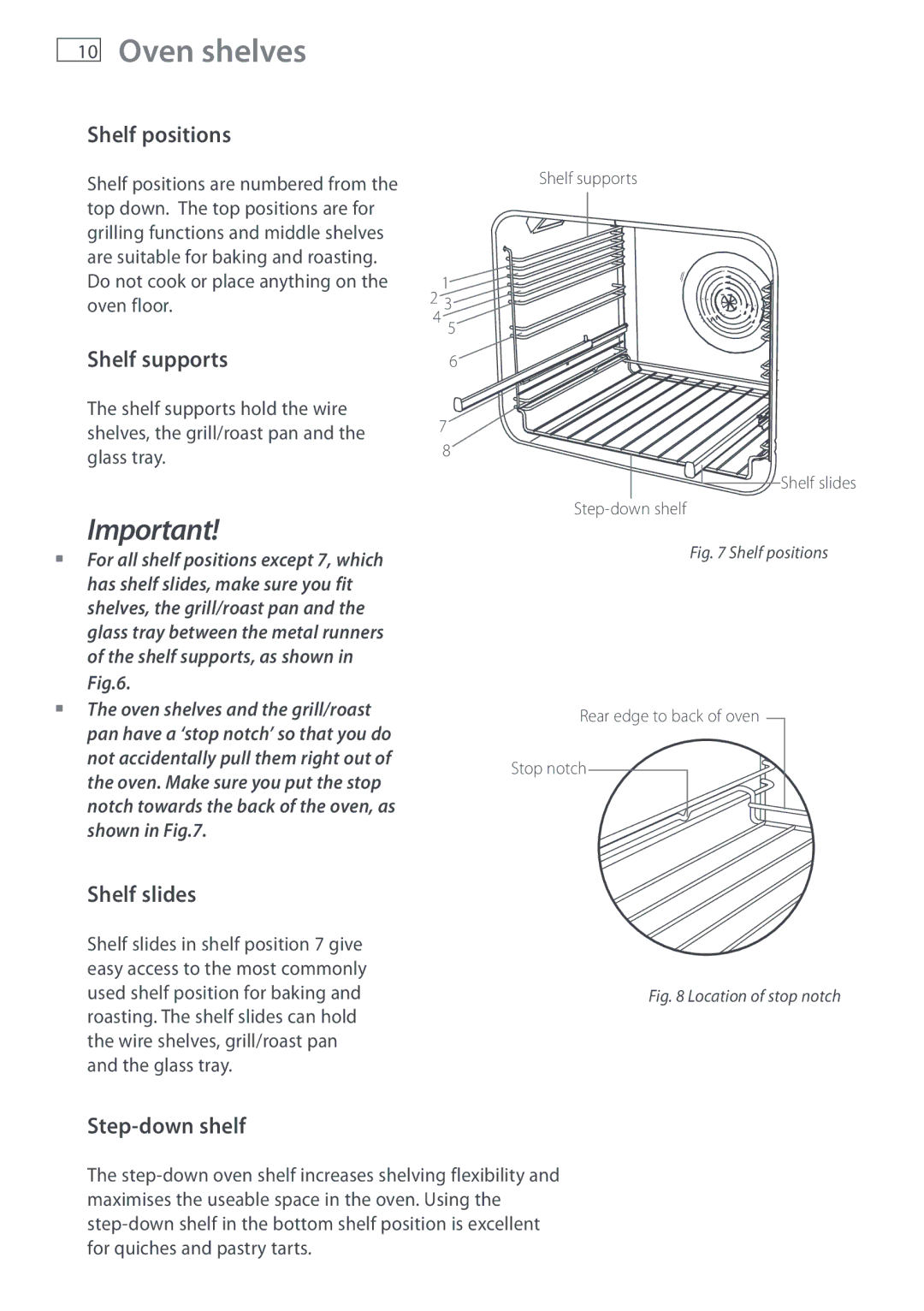 Fisher & Paykel DI1203 manual Oven shelves, Shelf positions, Shelf supports, Shelf slides, Step-down shelf 