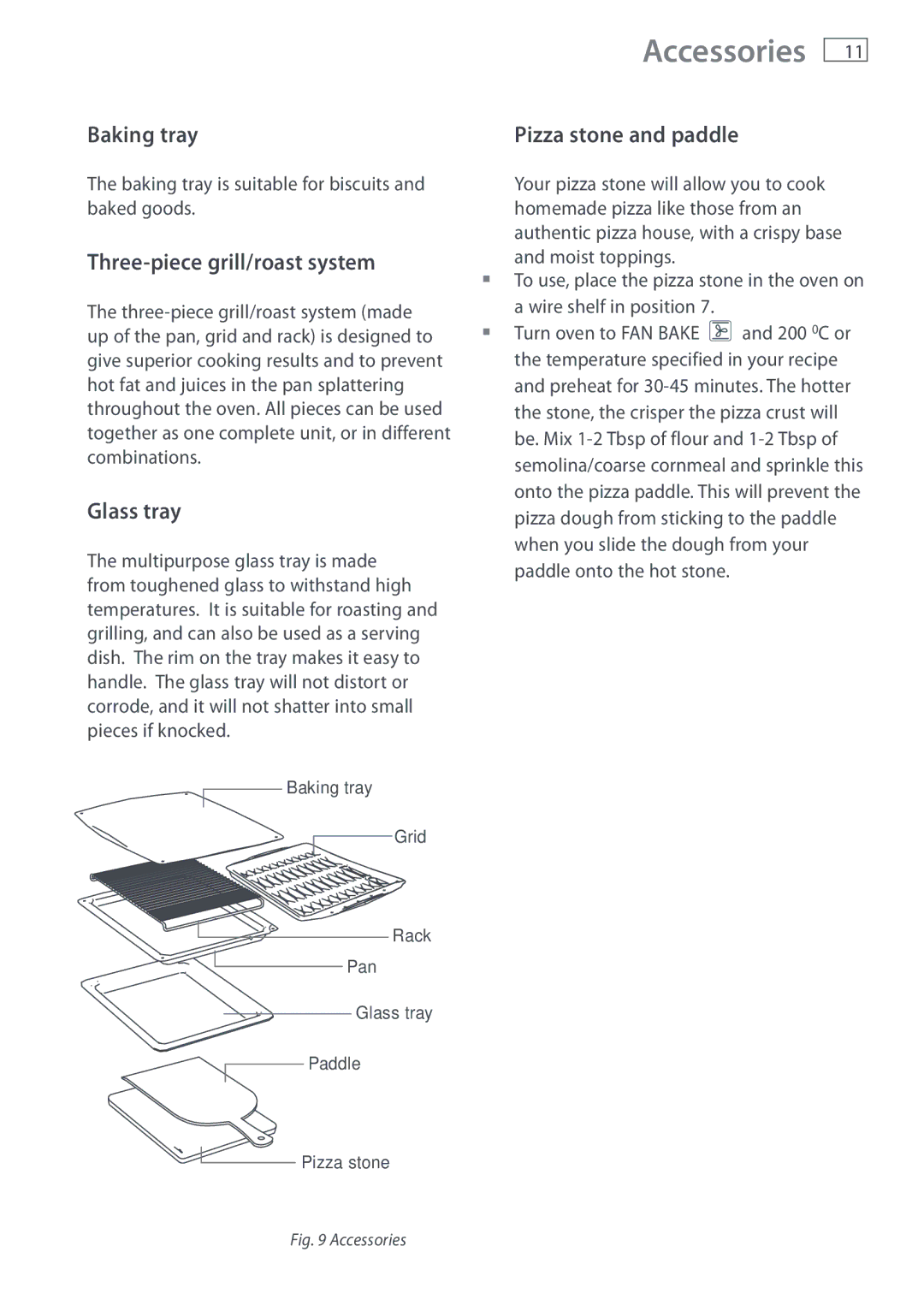 Fisher & Paykel DI1203 manual Accessories, Baking tray, Three-piece grill/roast system, Glass tray, Pizza stone and paddle 