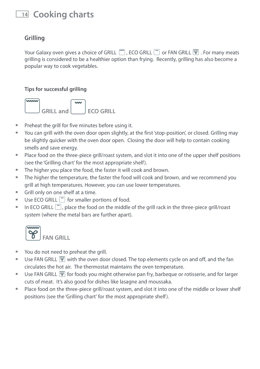 Fisher & Paykel DI1203 manual Cooking charts, Grilling, Tips for successful grilling 